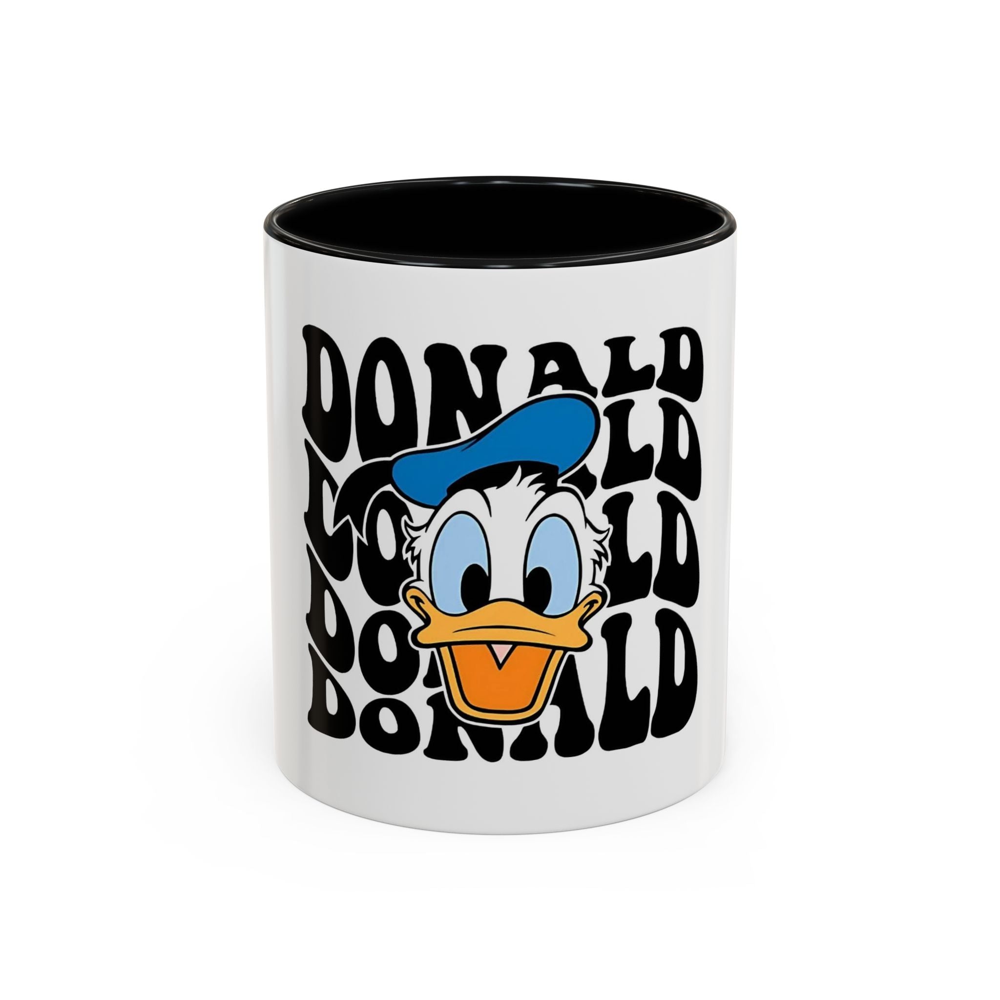 Donald Duck Accent Coffee Mug — Retro Character Face & Repeating "Donald" Text, 11/15oz
