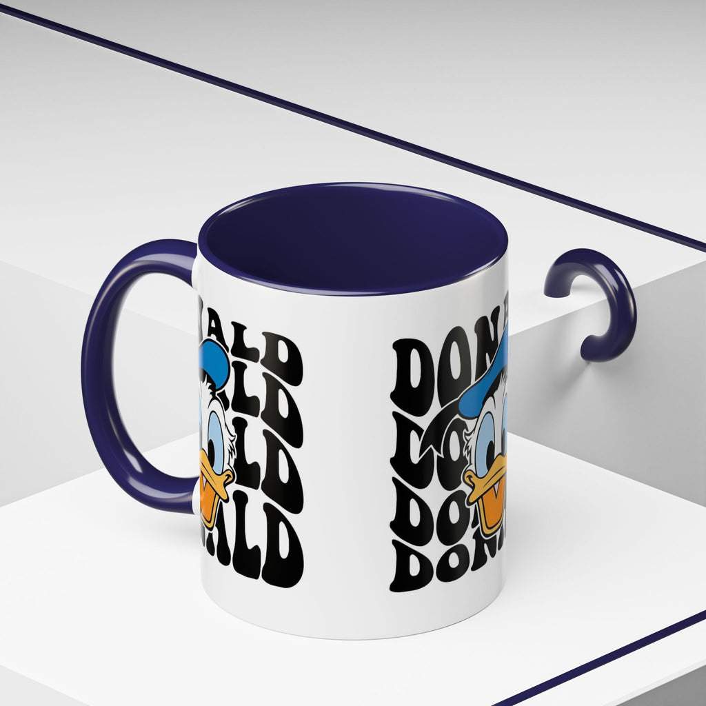 Donald Duck Accent Coffee Mug — Retro Character Face & Repeating "Donald" Text, 11/15oz