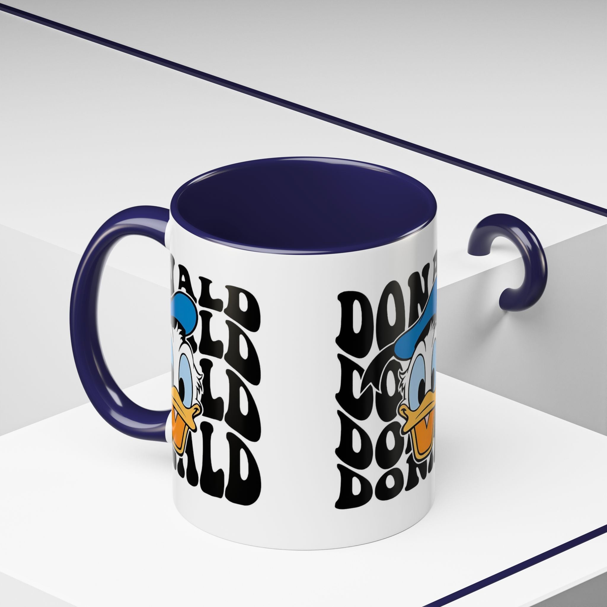 Donald Duck Accent Coffee Mug — Retro Character Face & Repeating "Donald" Text, 11/15oz