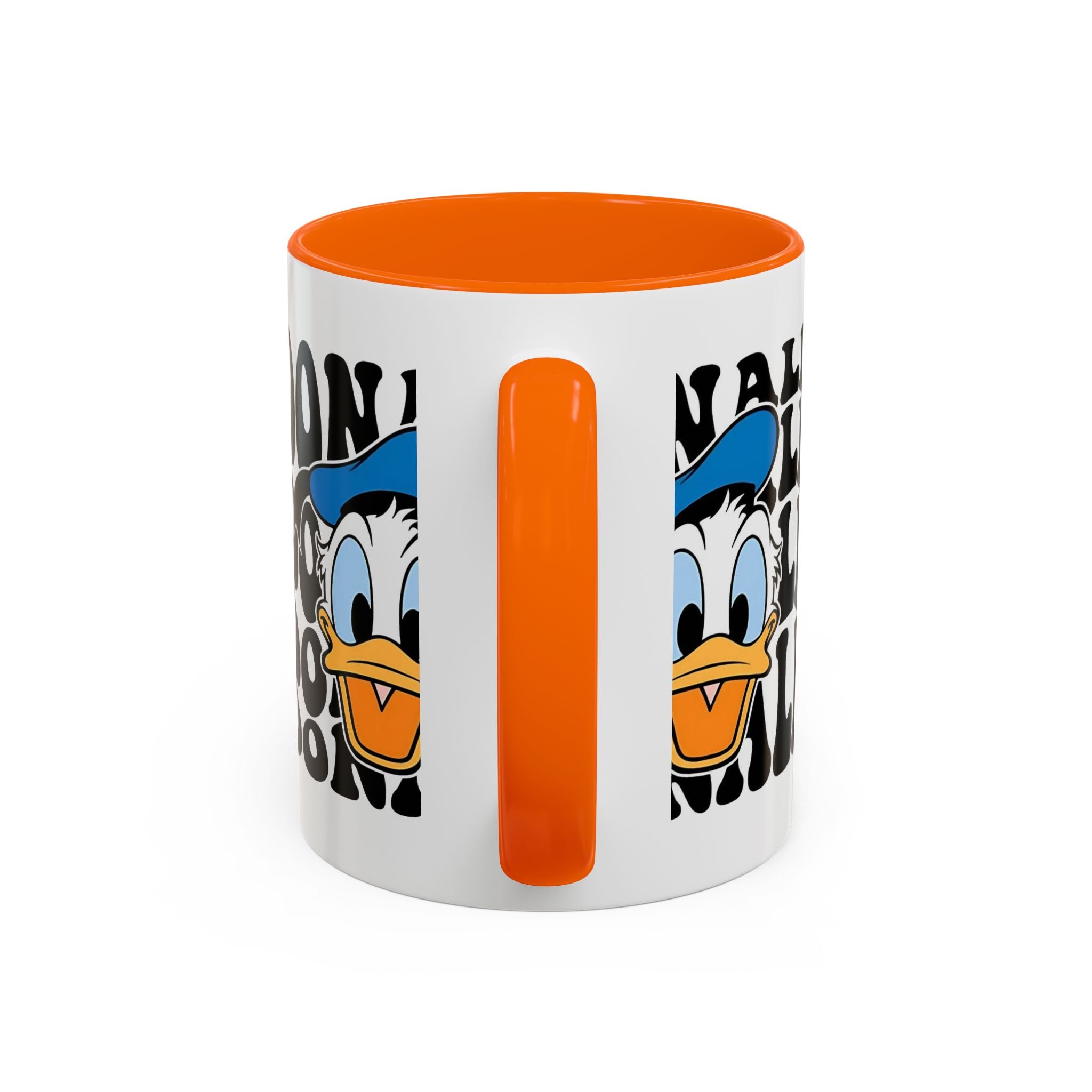 Donald Duck Accent Coffee Mug — Retro Character Face & Repeating "Donald" Text, 11/15oz