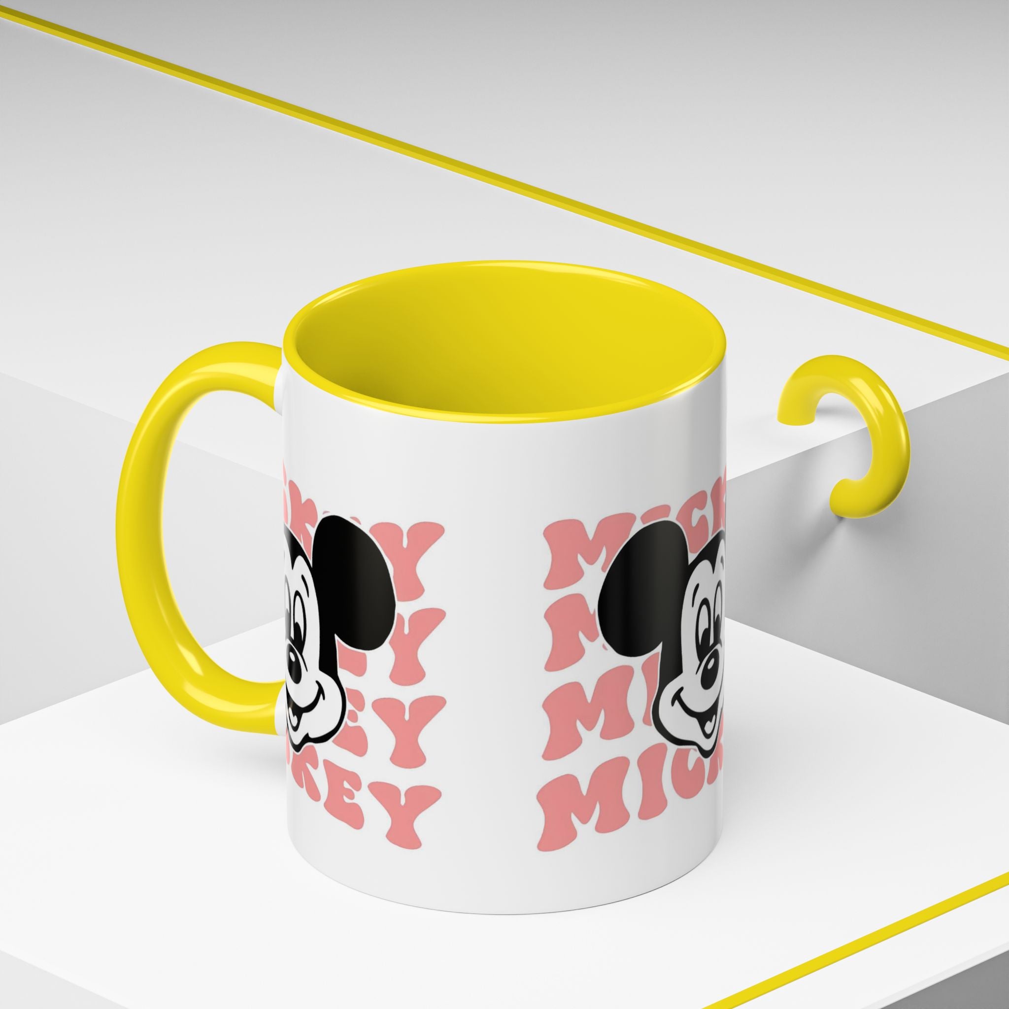 Retro Cartoon Character Coffee Mug – Vintage Face & Repeating Text Accent