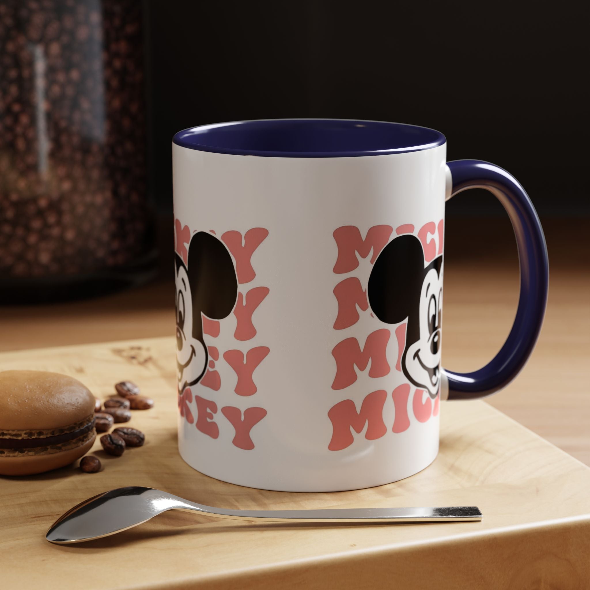 Retro Cartoon Character Coffee Mug – Vintage Face & Repeating Text Accent