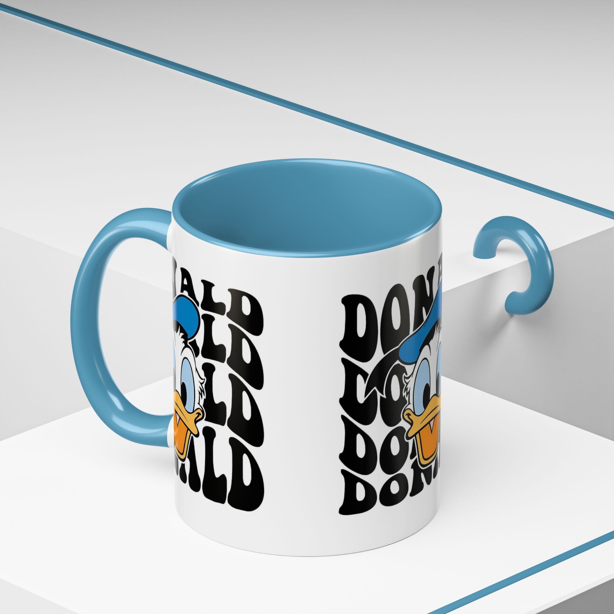 Donald Duck Accent Coffee Mug — Retro Character Face & Repeating "Donald" Text, 11/15oz