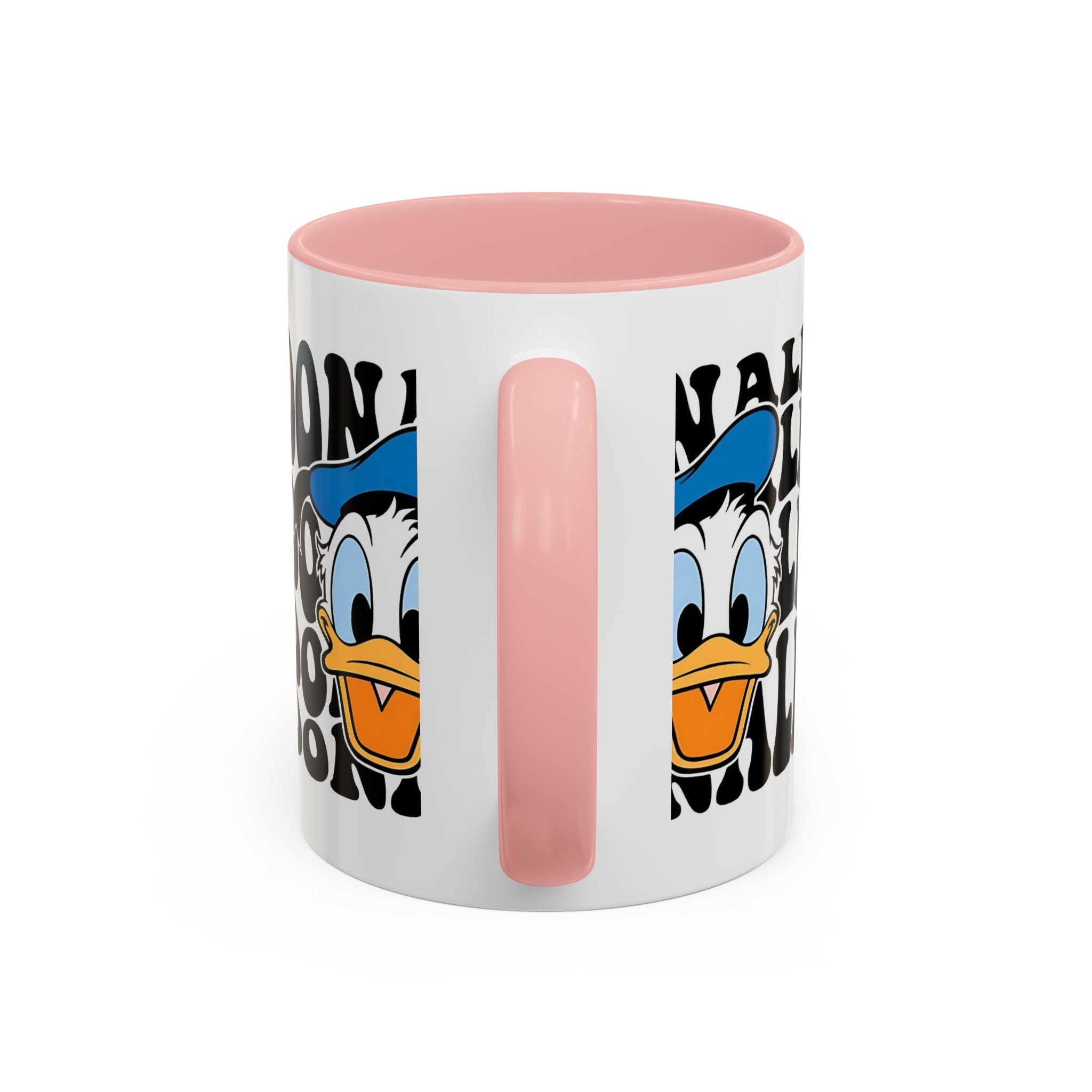 Donald Duck Accent Coffee Mug — Retro Character Face & Repeating "Donald" Text, 11/15oz