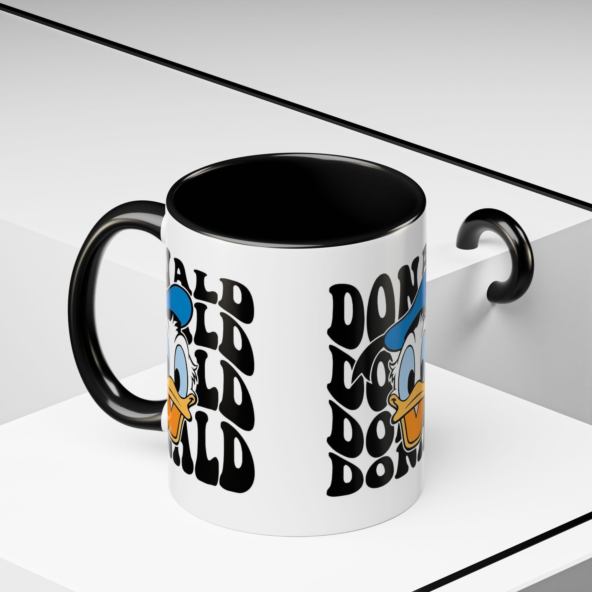 Donald Duck Accent Coffee Mug — Retro Character Face & Repeating "Donald" Text, 11/15oz