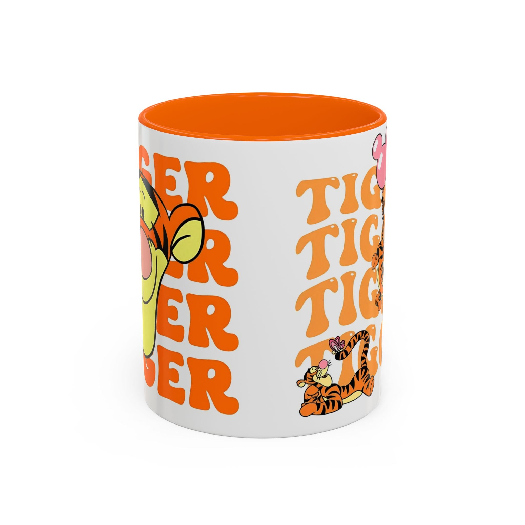 Tigger Coffee Mug — Cute Tigger Face with Retro Orange Text (11/15oz Accent Mug)