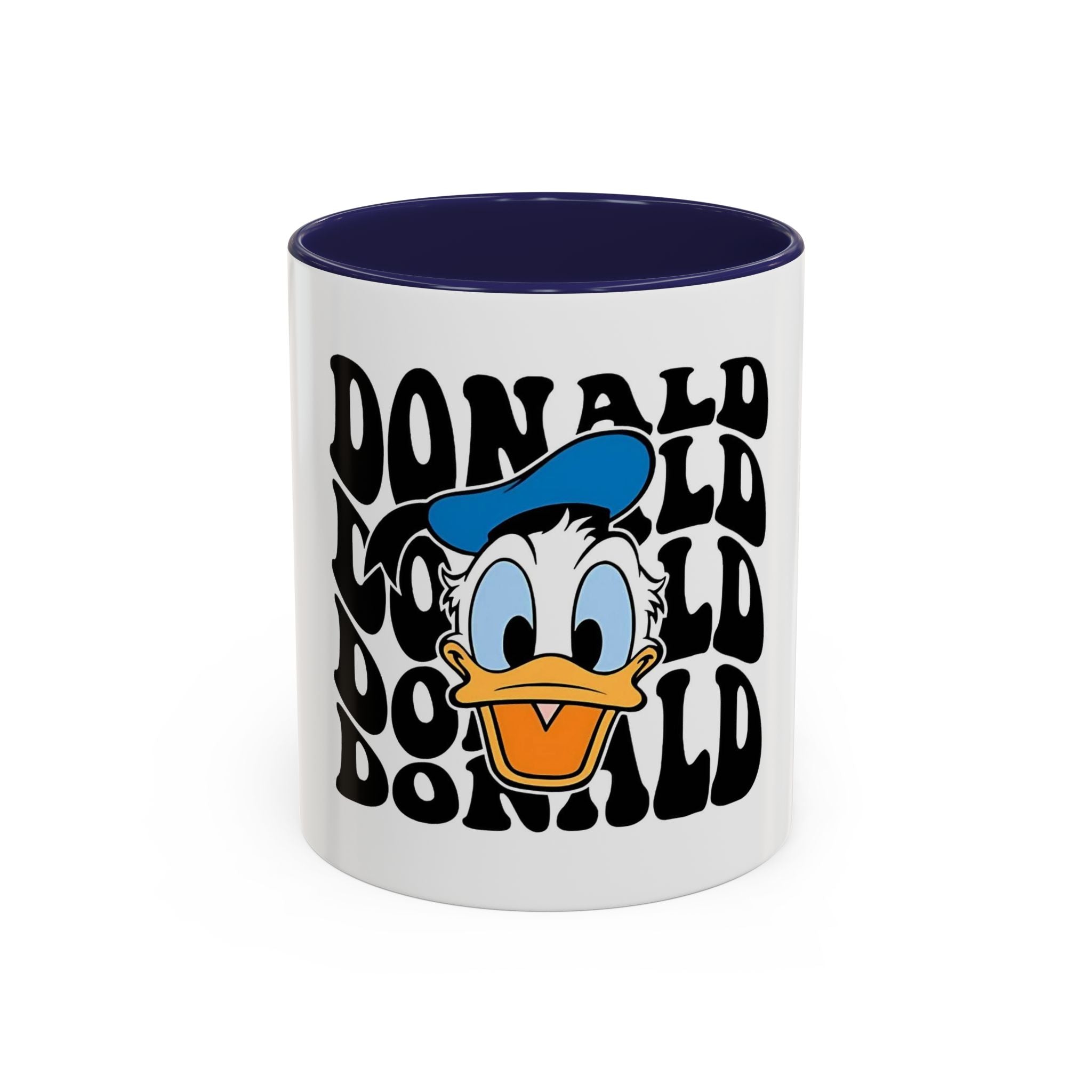 Donald Duck Accent Coffee Mug — Retro Character Face & Repeating "Donald" Text, 11/15oz