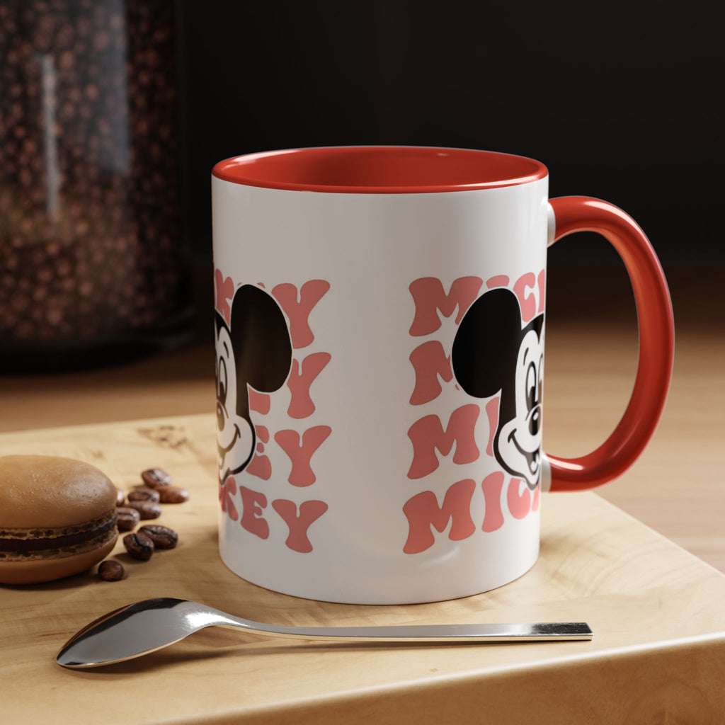 Retro Cartoon Character Coffee Mug – Vintage Face & Repeating Text Accent