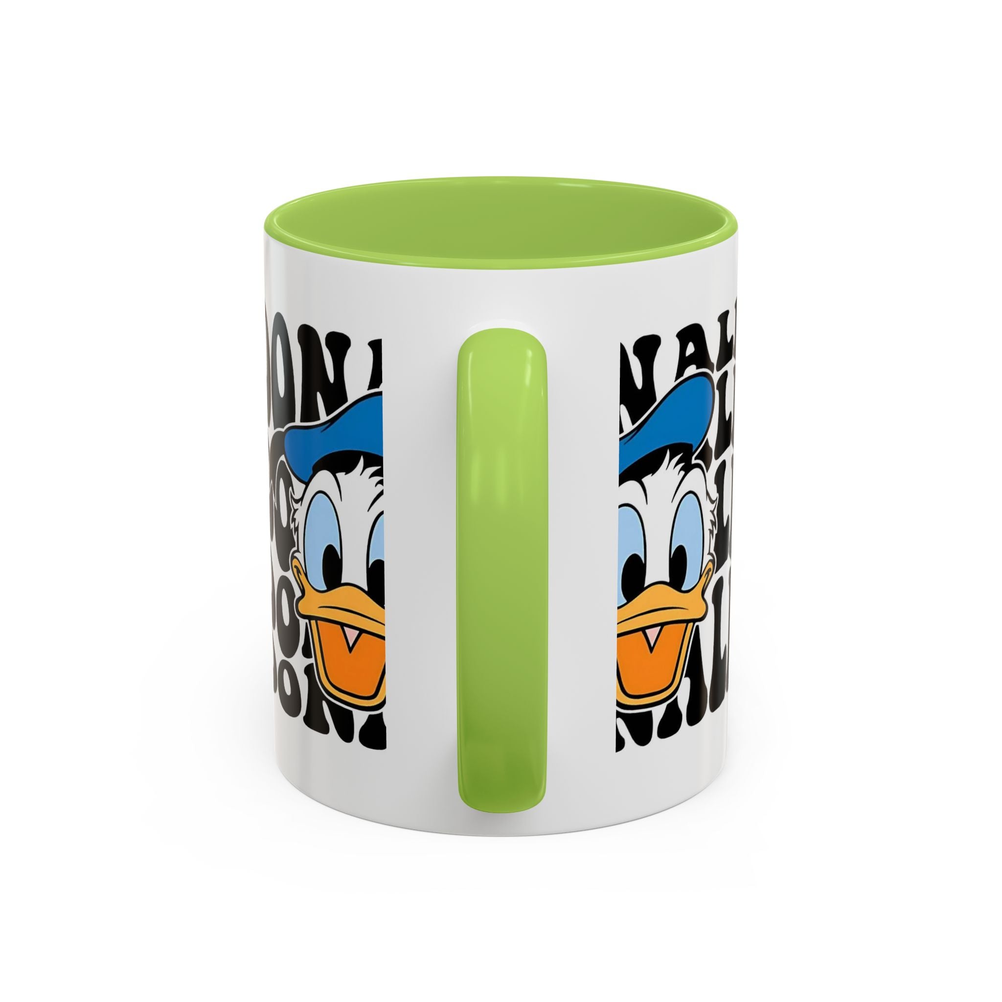Donald Duck Accent Coffee Mug — Retro Character Face & Repeating "Donald" Text, 11/15oz