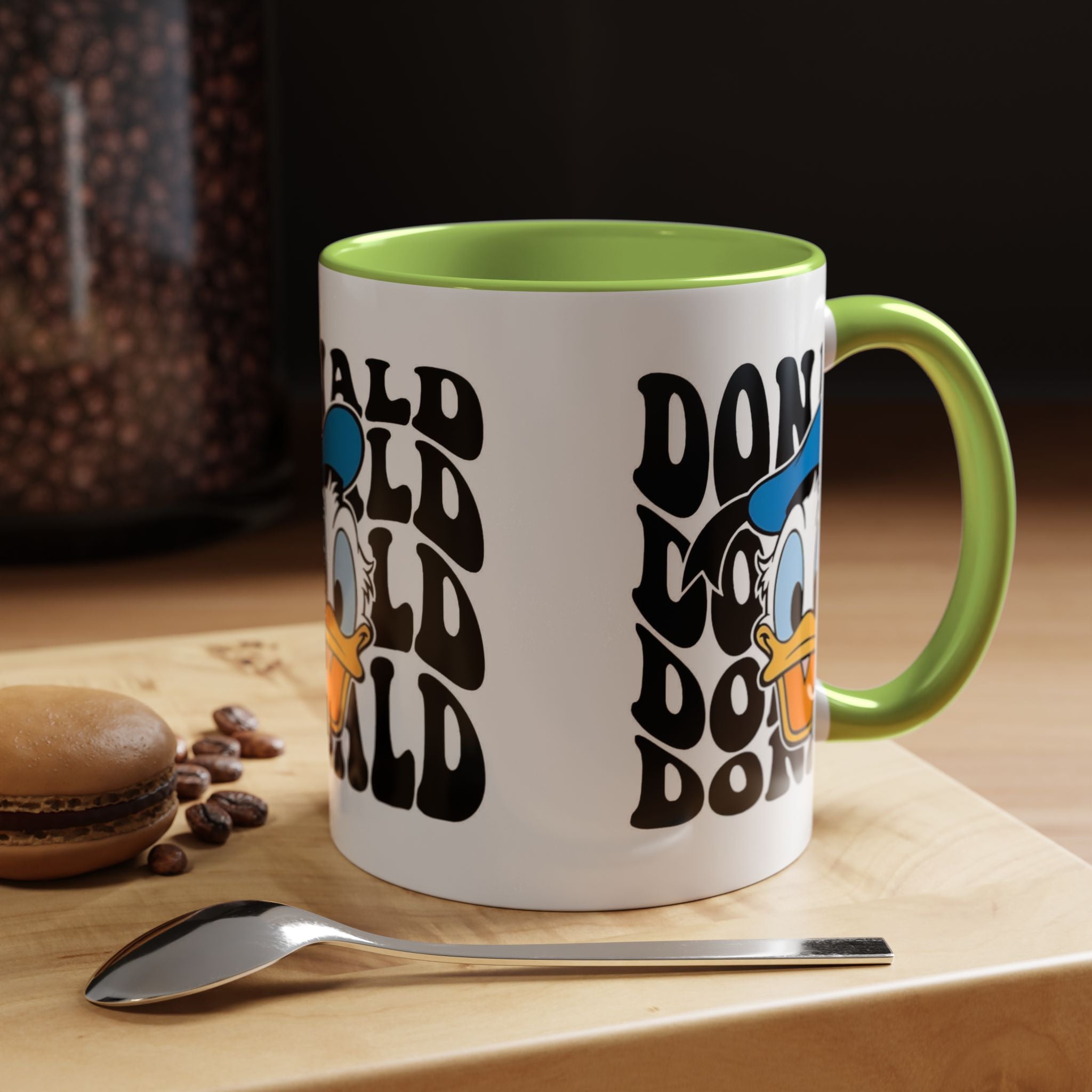 Donald Duck Accent Coffee Mug — Retro Character Face & Repeating "Donald" Text, 11/15oz