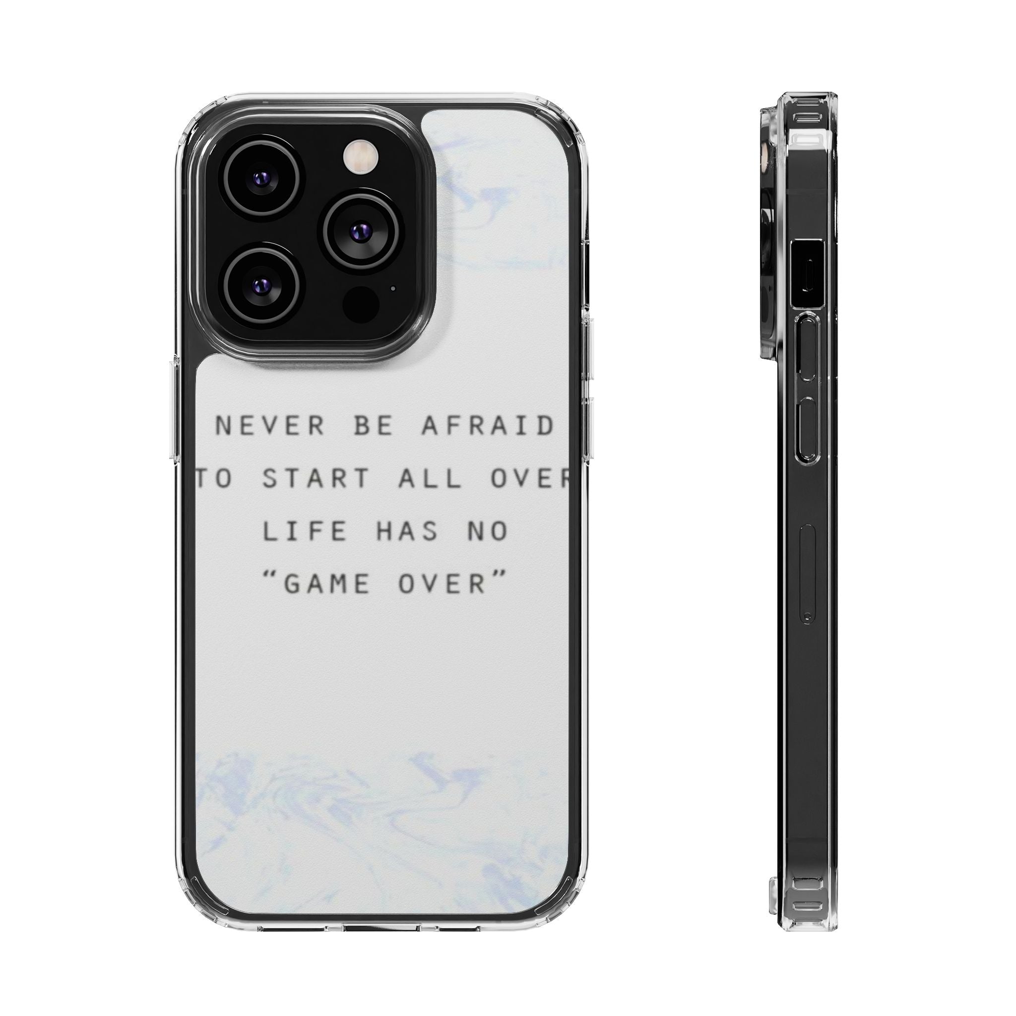Clear Magnetic Phone Case — "Never Be Afraid to Start All Over" Inspirational Marble Design