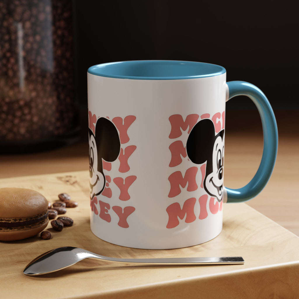 Retro Cartoon Character Coffee Mug – Vintage Face & Repeating Text Accent