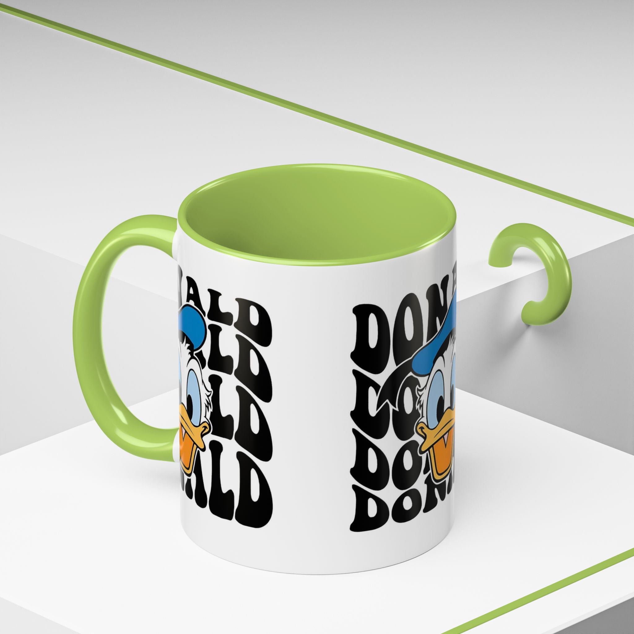 Donald Duck Accent Coffee Mug — Retro Character Face & Repeating "Donald" Text, 11/15oz