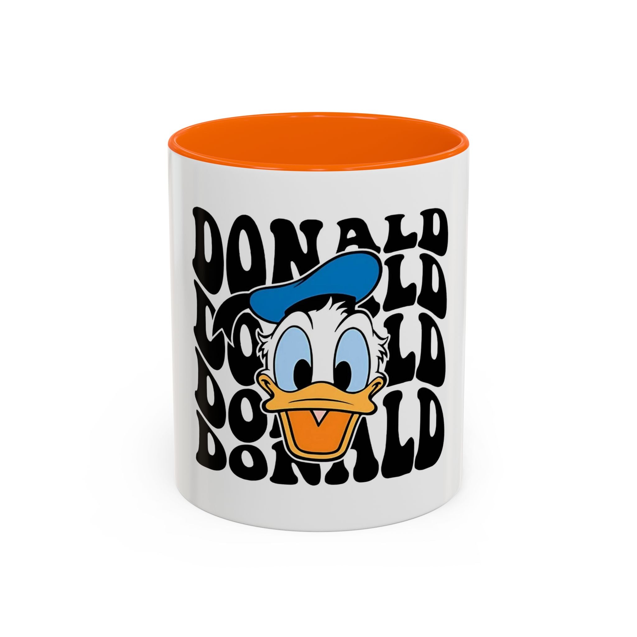 Donald Duck Accent Coffee Mug — Retro Character Face & Repeating "Donald" Text, 11/15oz