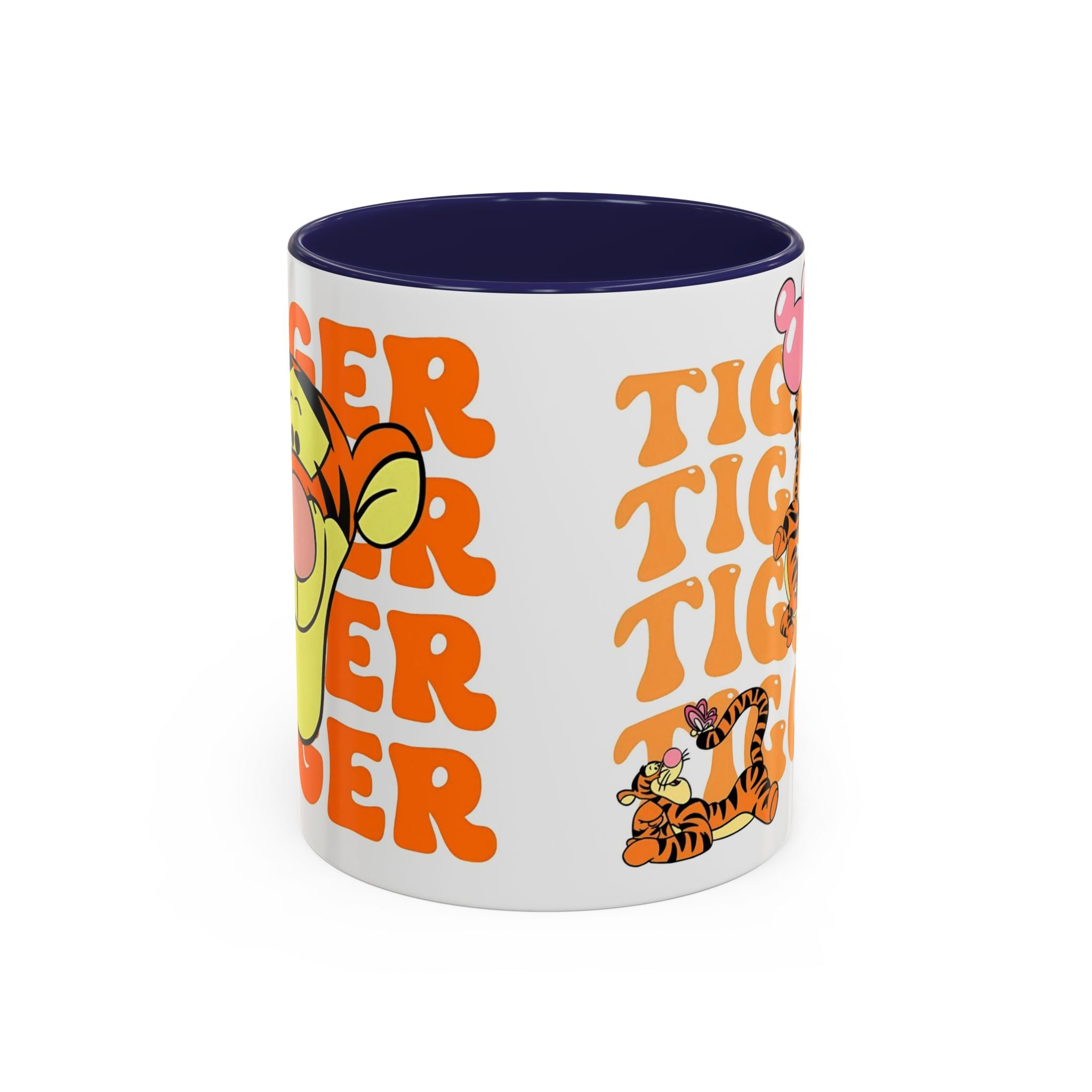 Tigger Coffee Mug — Cute Tigger Face with Retro Orange Text (11/15oz Accent Mug)