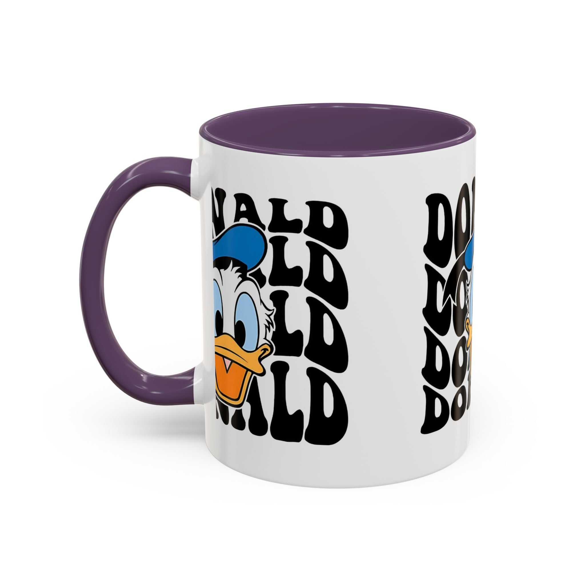 Donald Duck Accent Coffee Mug — Retro Character Face & Repeating "Donald" Text, 11/15oz