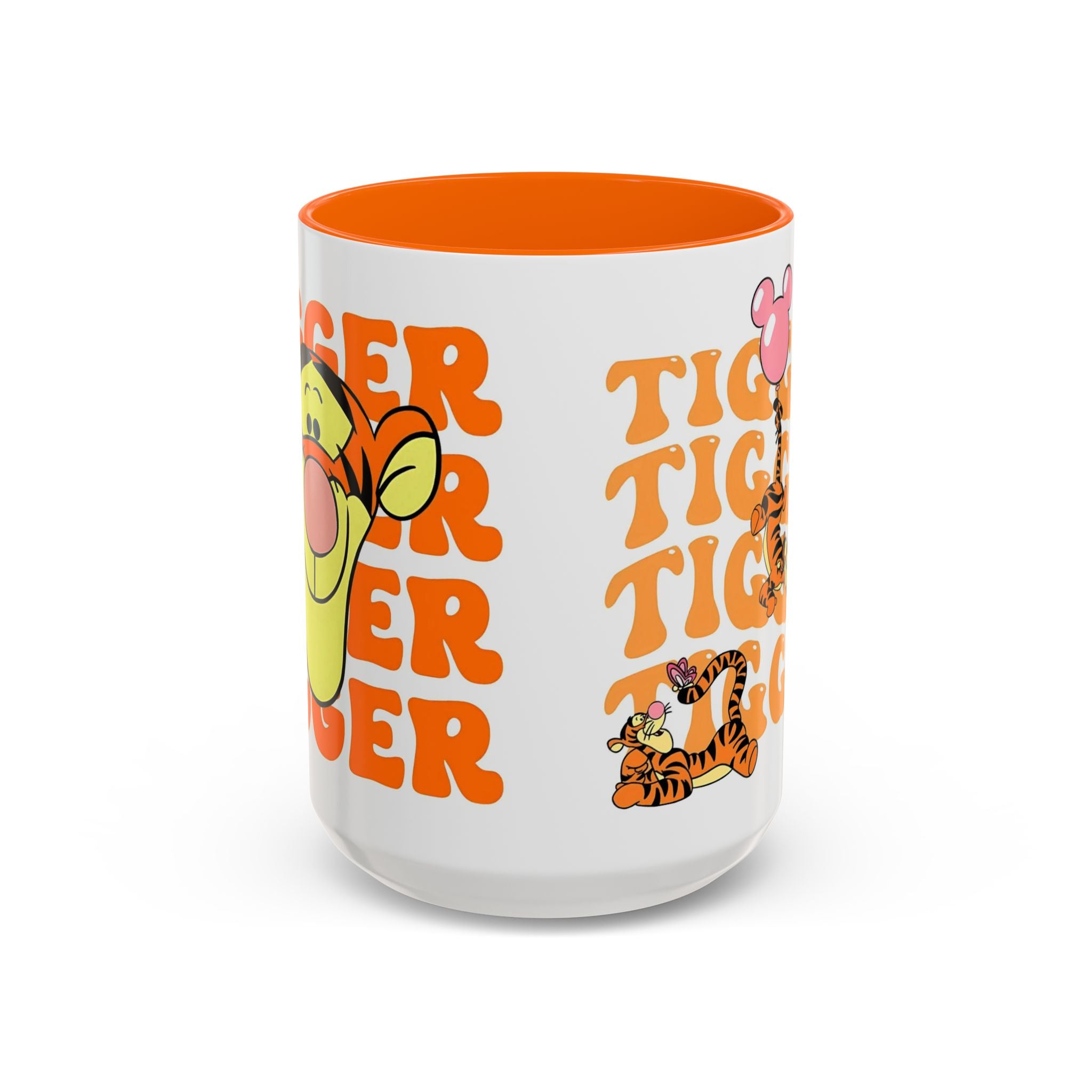 Tigger Coffee Mug — Cute Tigger Face with Retro Orange Text (11/15oz Accent Mug)