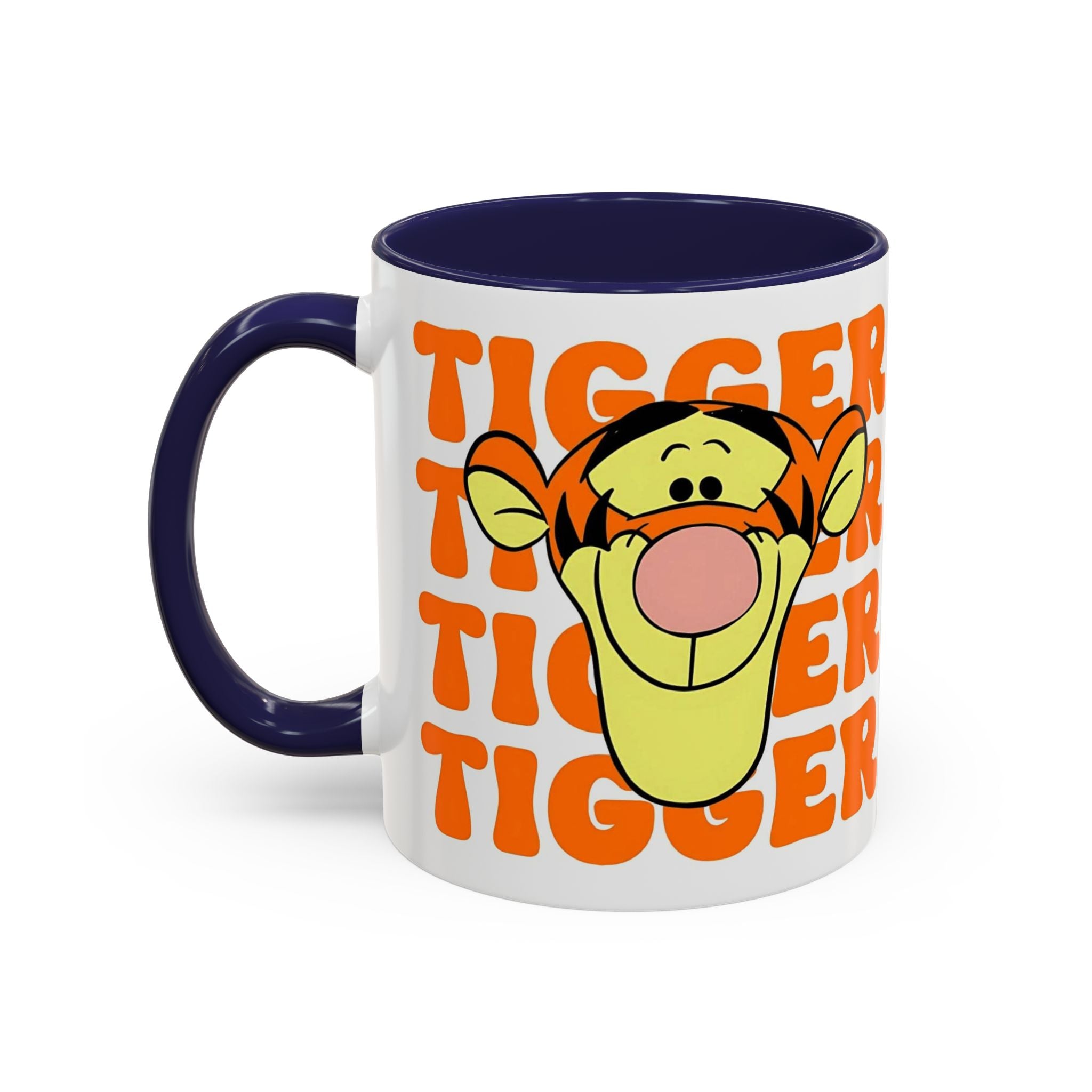 Tigger Coffee Mug — Cute Tigger Face with Retro Orange Text (11/15oz Accent Mug)