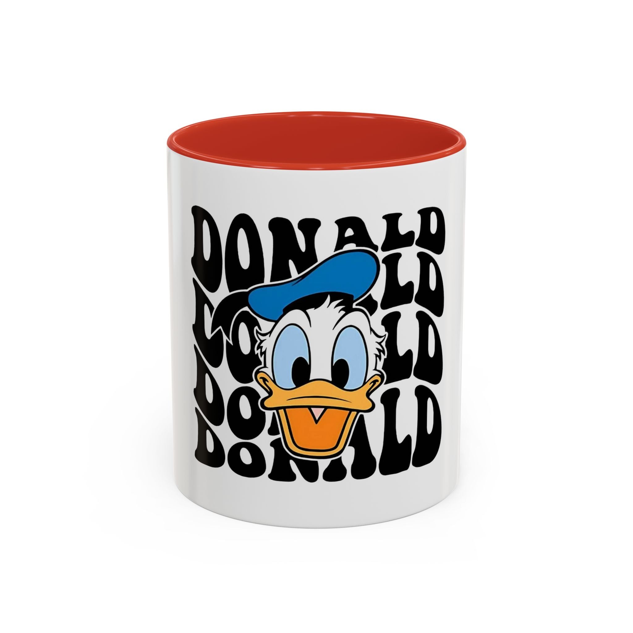 Donald Duck Accent Coffee Mug — Retro Character Face & Repeating "Donald" Text, 11/15oz