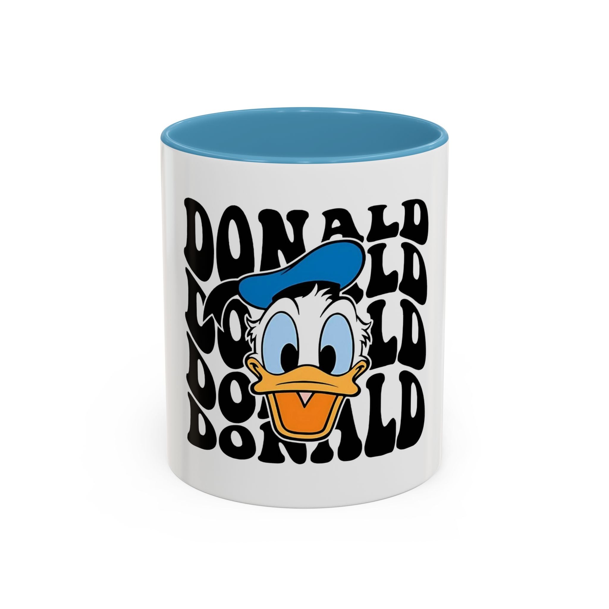 Donald Duck Accent Coffee Mug — Retro Character Face & Repeating "Donald" Text, 11/15oz