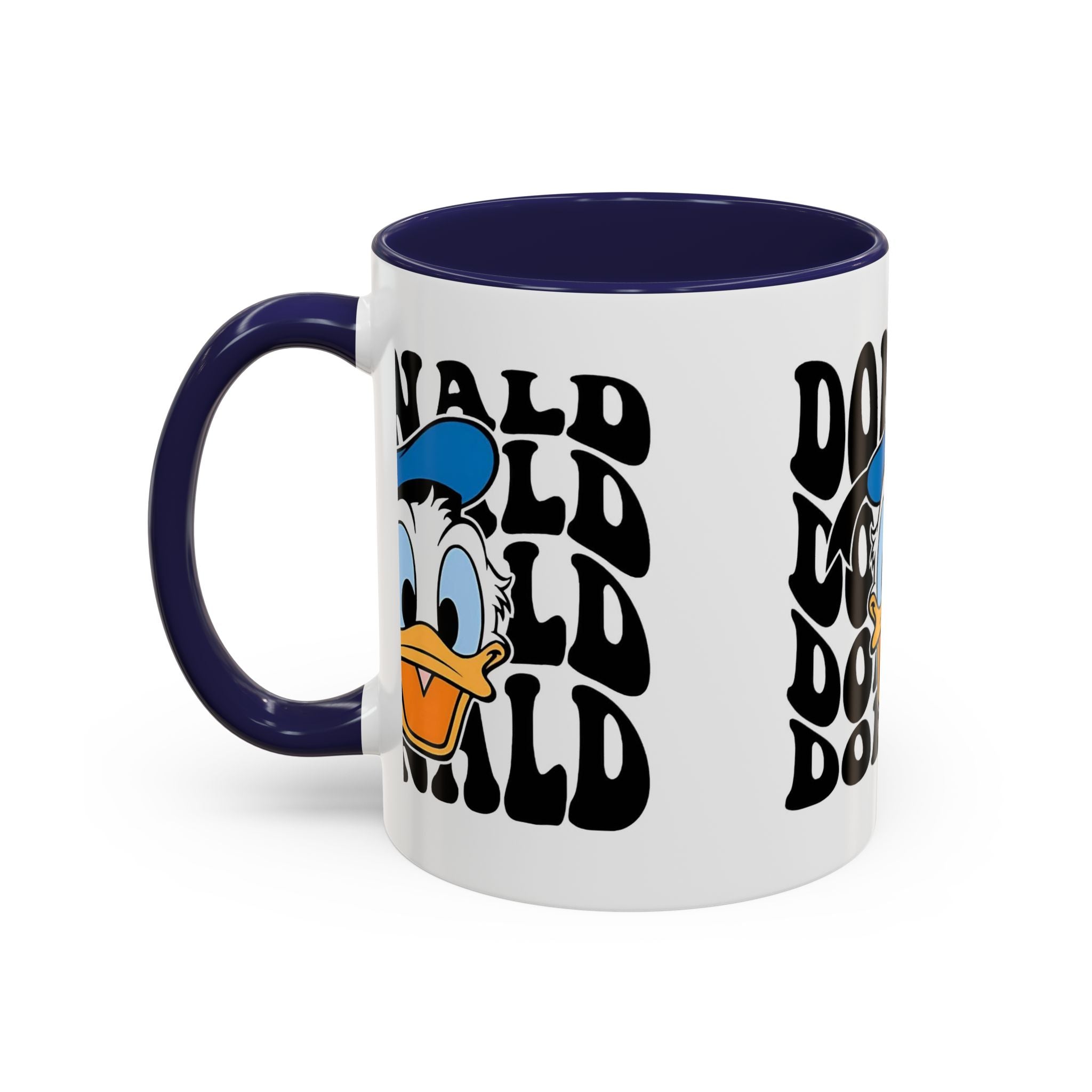 Donald Duck Accent Coffee Mug — Retro Character Face & Repeating "Donald" Text, 11/15oz