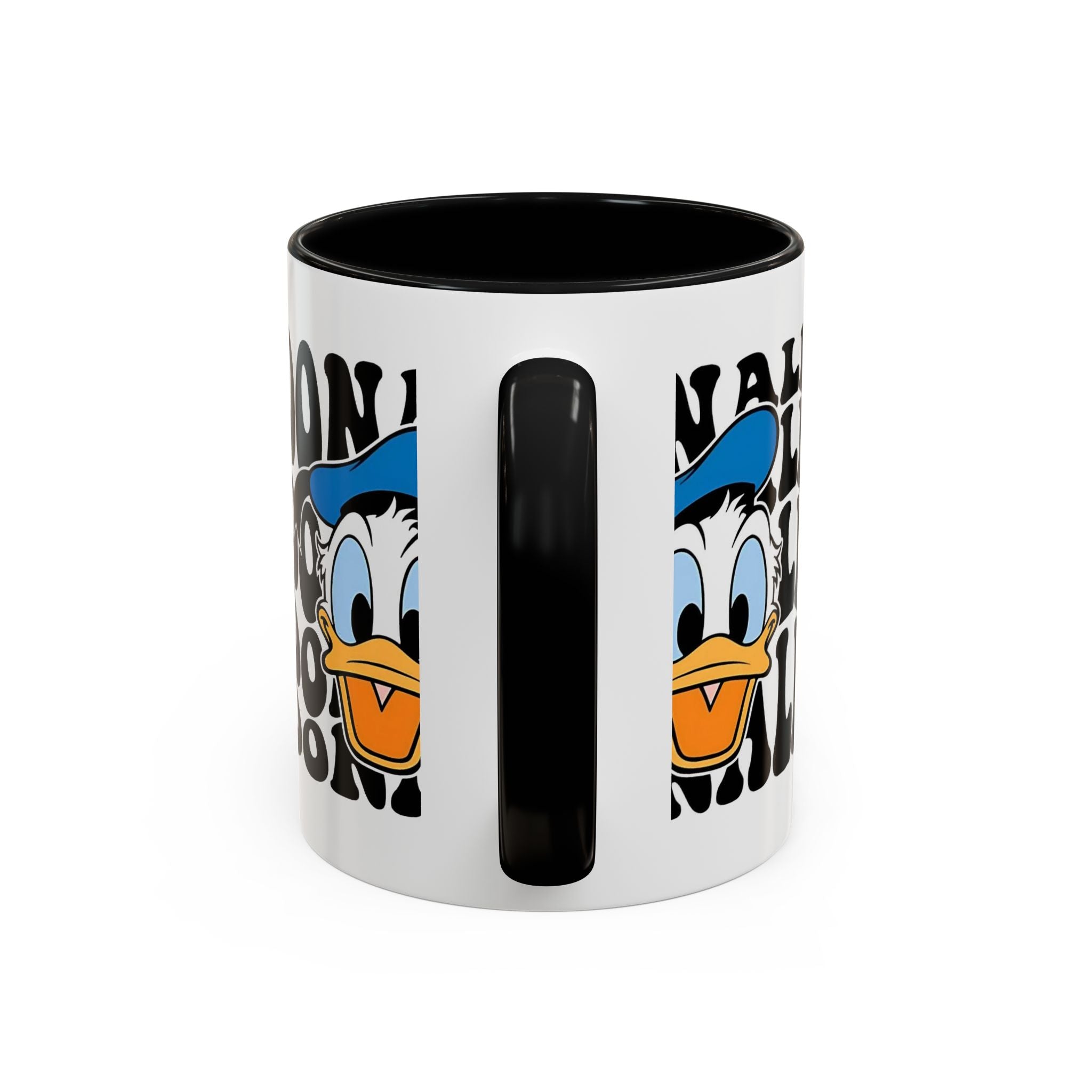 Donald Duck Accent Coffee Mug — Retro Character Face & Repeating "Donald" Text, 11/15oz