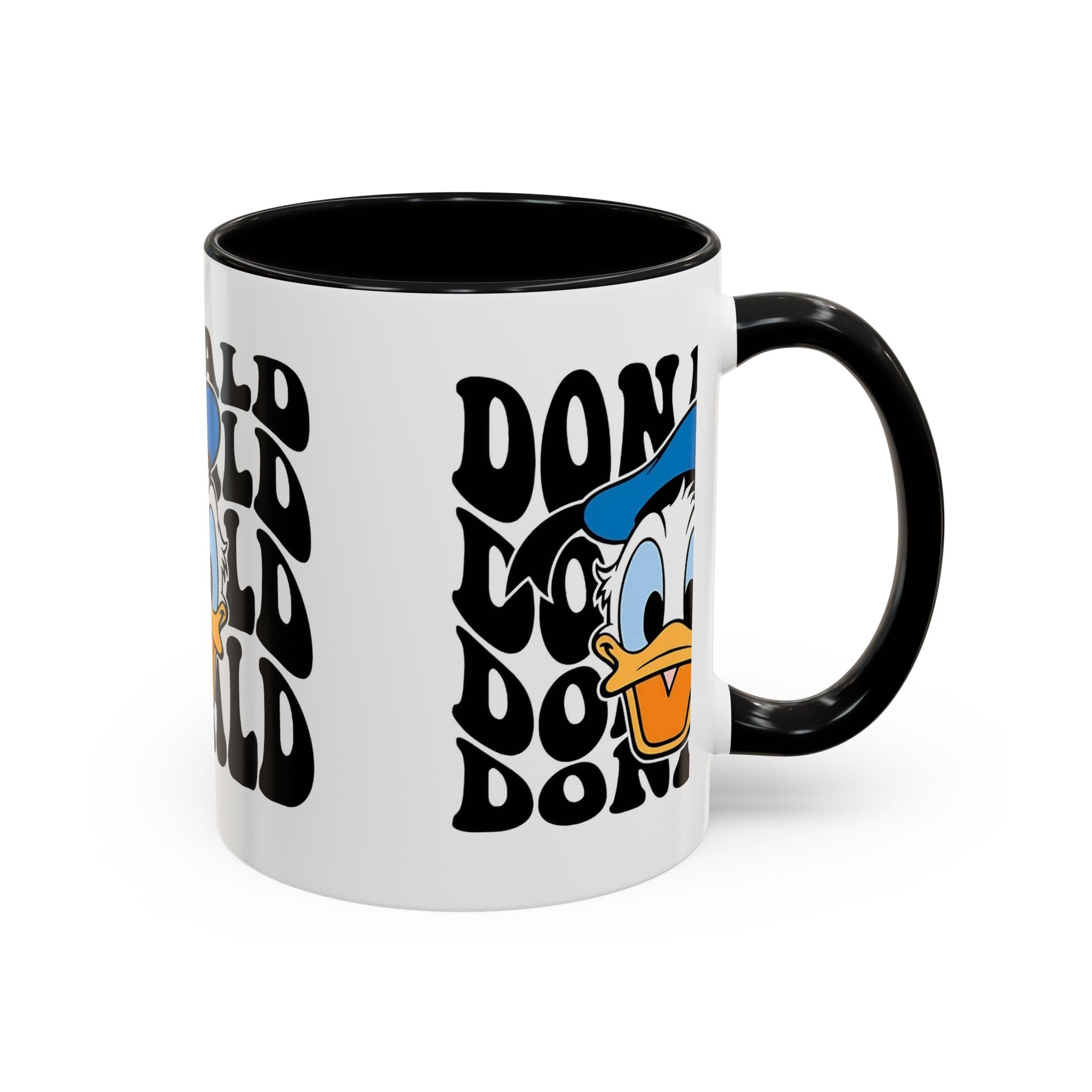 Donald Duck Accent Coffee Mug — Retro Character Face & Repeating "Donald" Text, 11/15oz