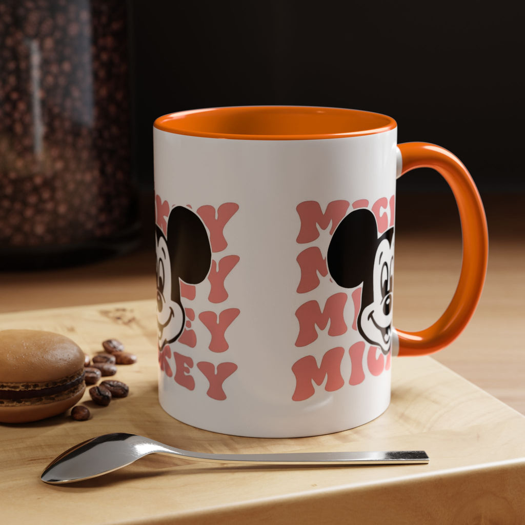 Retro Cartoon Character Coffee Mug – Vintage Face & Repeating Text Accent