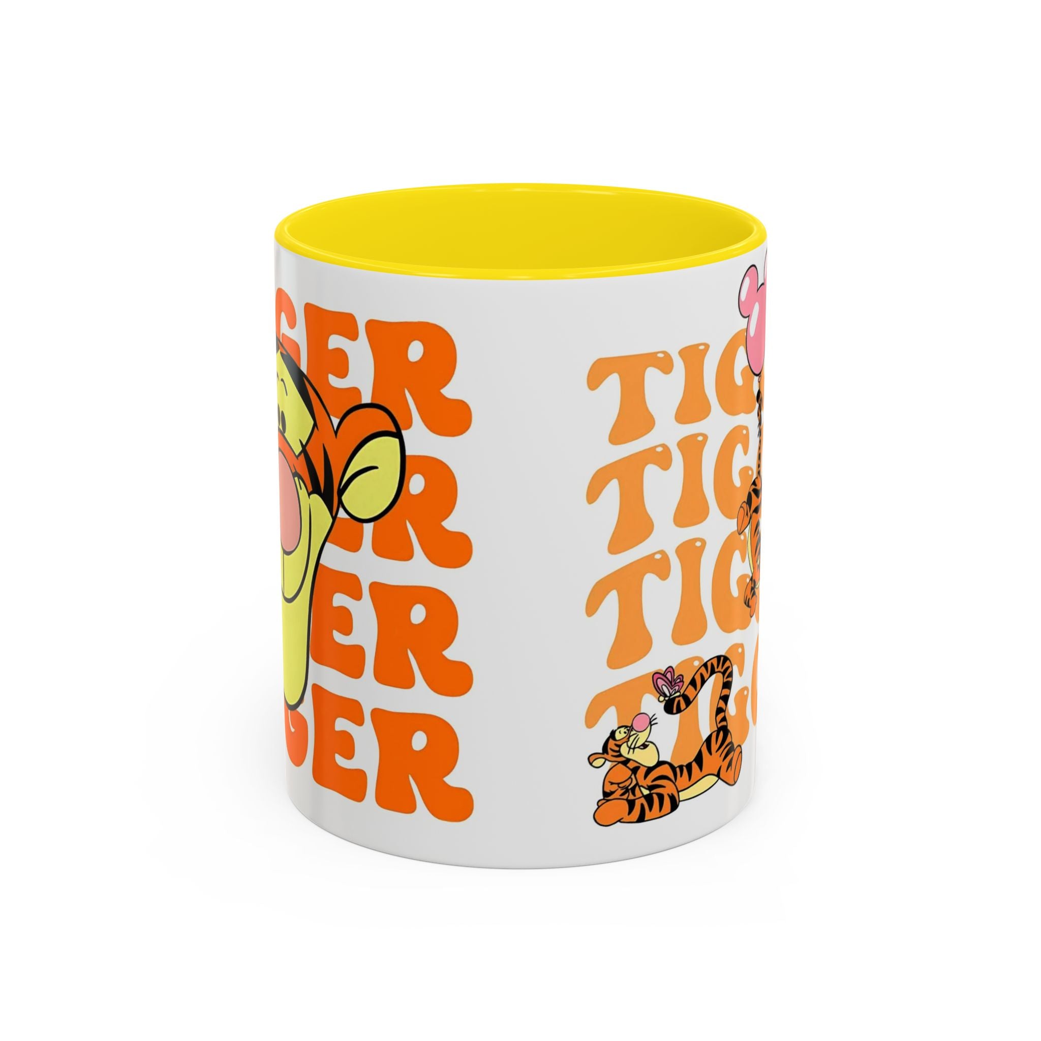 Tigger Coffee Mug — Cute Tigger Face with Retro Orange Text (11/15oz Accent Mug)