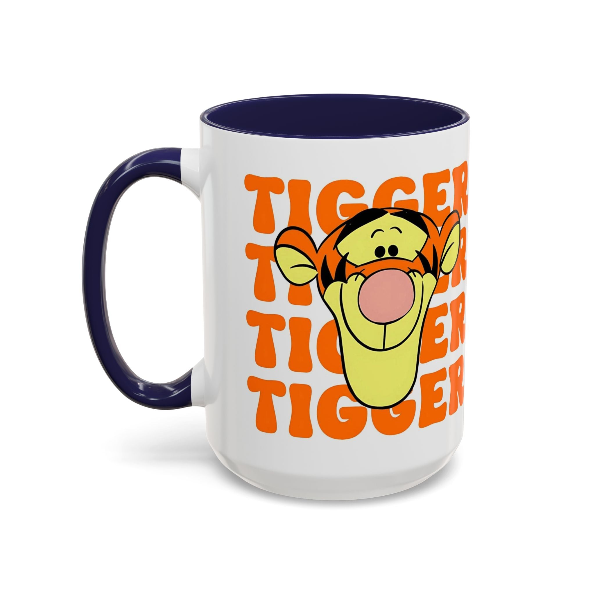 Tigger Coffee Mug — Cute Tigger Face with Retro Orange Text (11/15oz Accent Mug)
