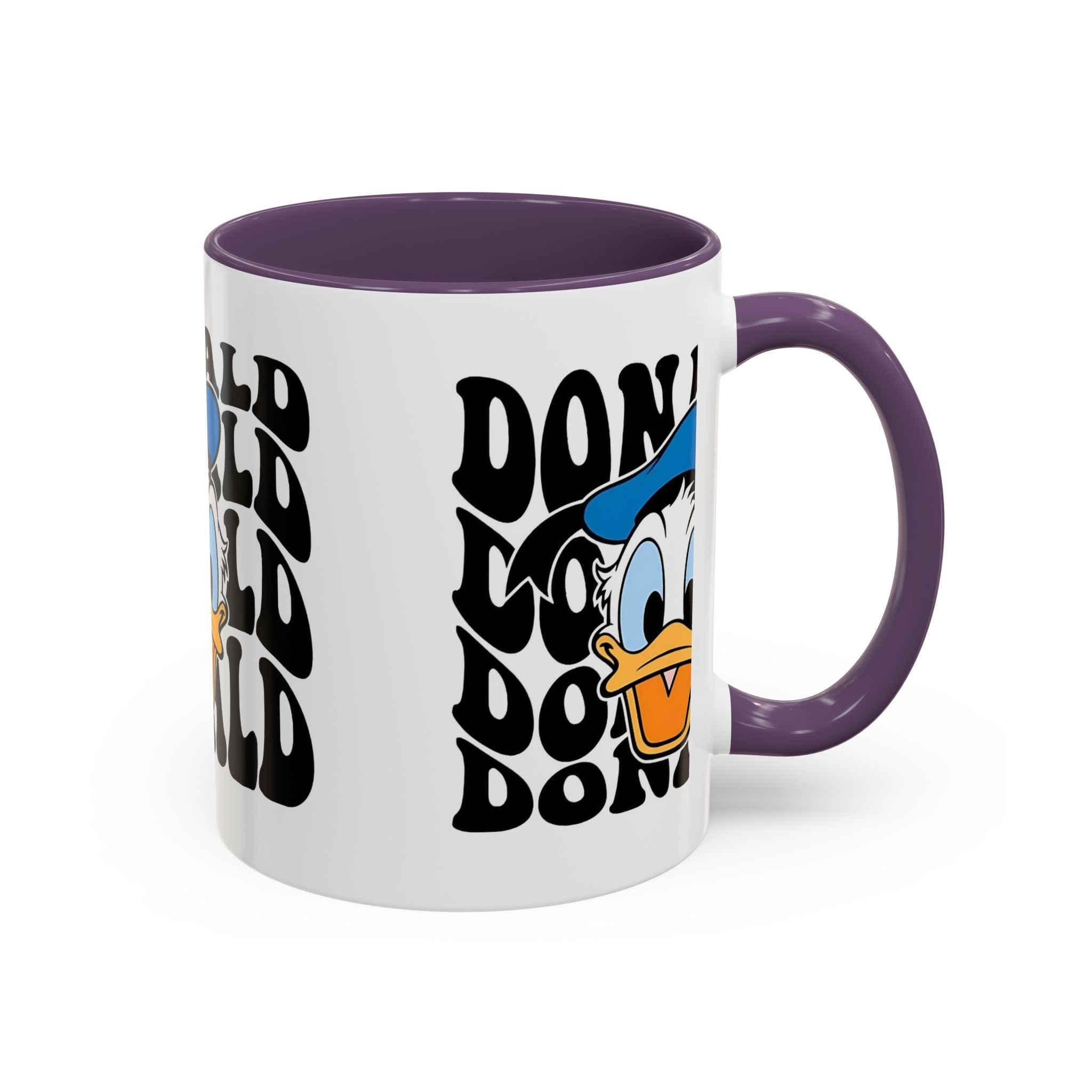 Donald Duck Accent Coffee Mug — Retro Character Face & Repeating "Donald" Text, 11/15oz