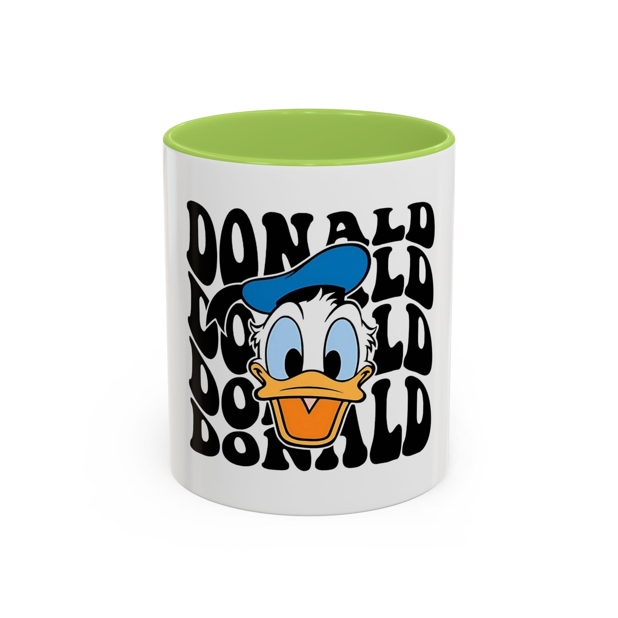 Donald Duck Accent Coffee Mug — Retro Character Face & Repeating "Donald" Text, 11/15oz