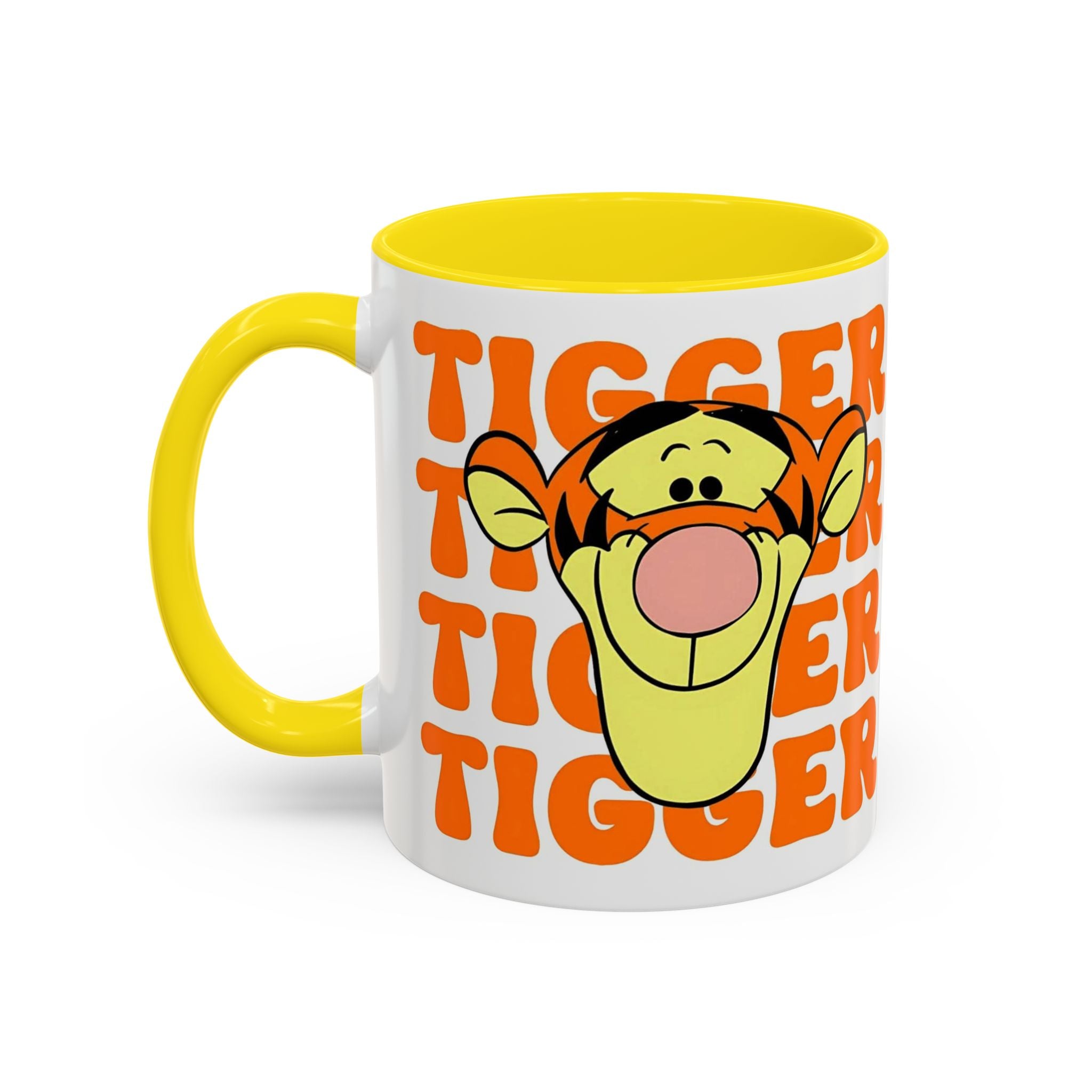 Tigger Coffee Mug — Cute Tigger Face with Retro Orange Text (11/15oz Accent Mug)