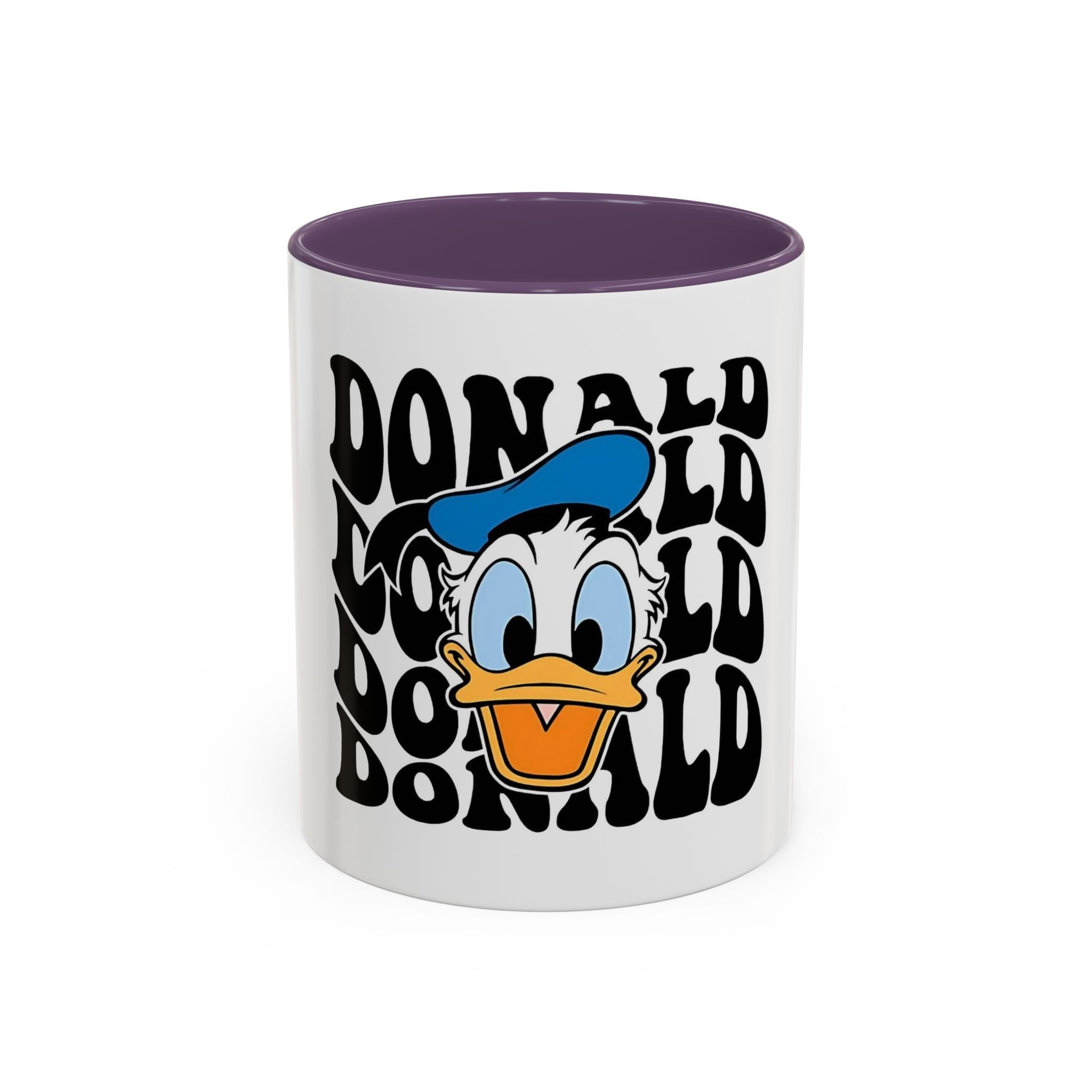 Donald Duck Accent Coffee Mug — Retro Character Face & Repeating "Donald" Text, 11/15oz