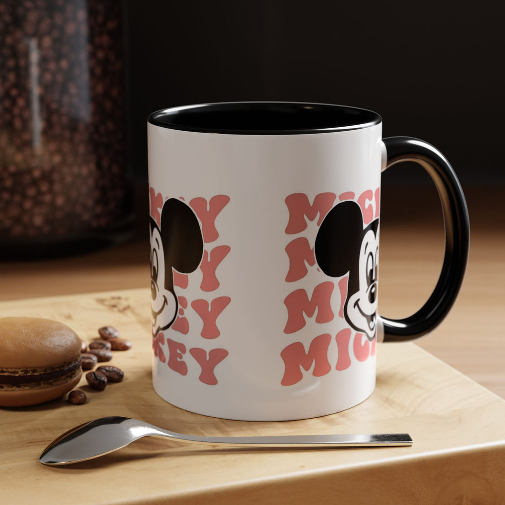 Retro Cartoon Character Coffee Mug – Vintage Face & Repeating Text Accent