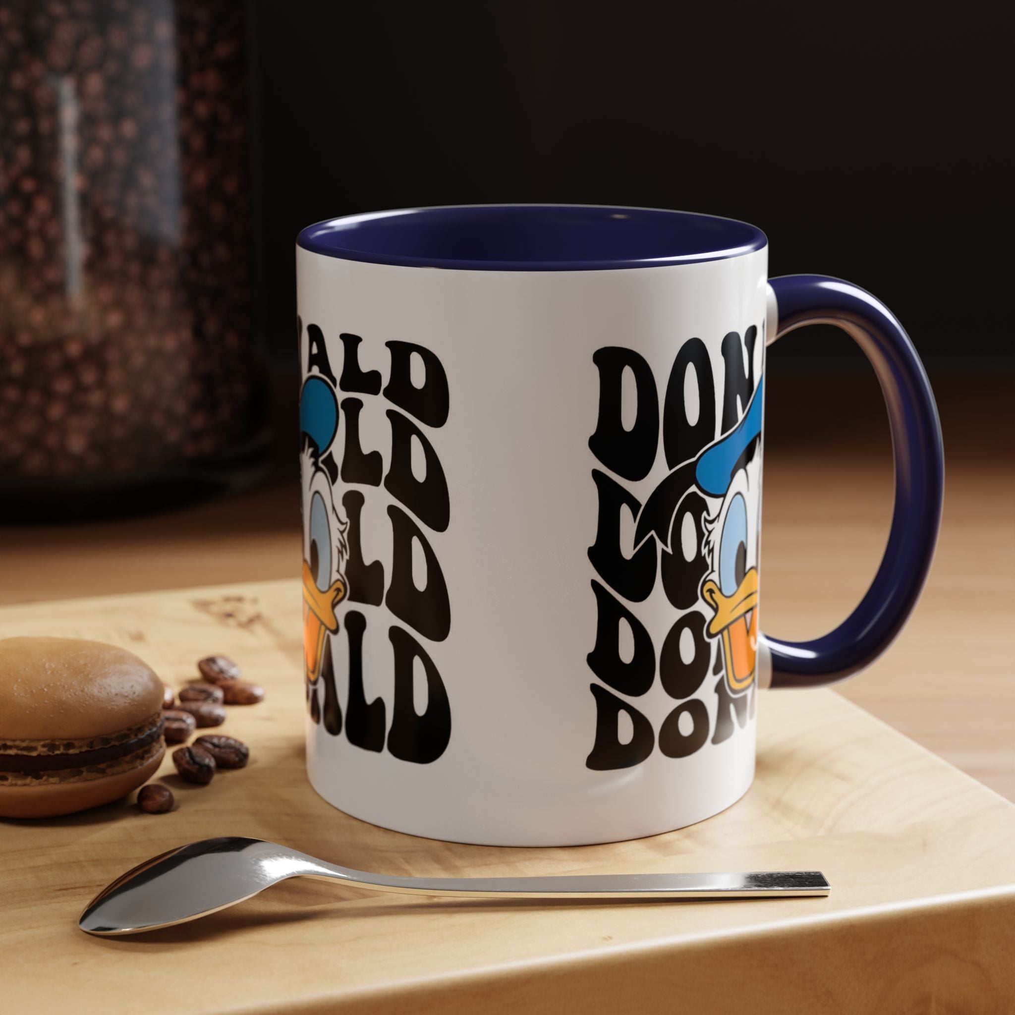 Donald Duck Accent Coffee Mug — Retro Character Face & Repeating "Donald" Text, 11/15oz