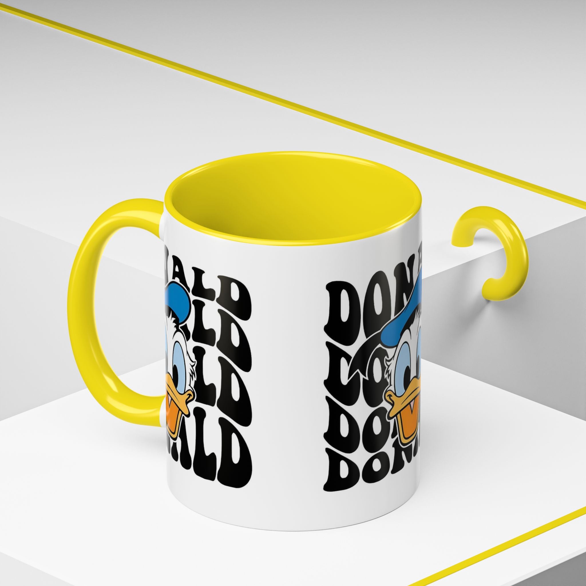 Donald Duck Accent Coffee Mug — Retro Character Face & Repeating "Donald" Text, 11/15oz