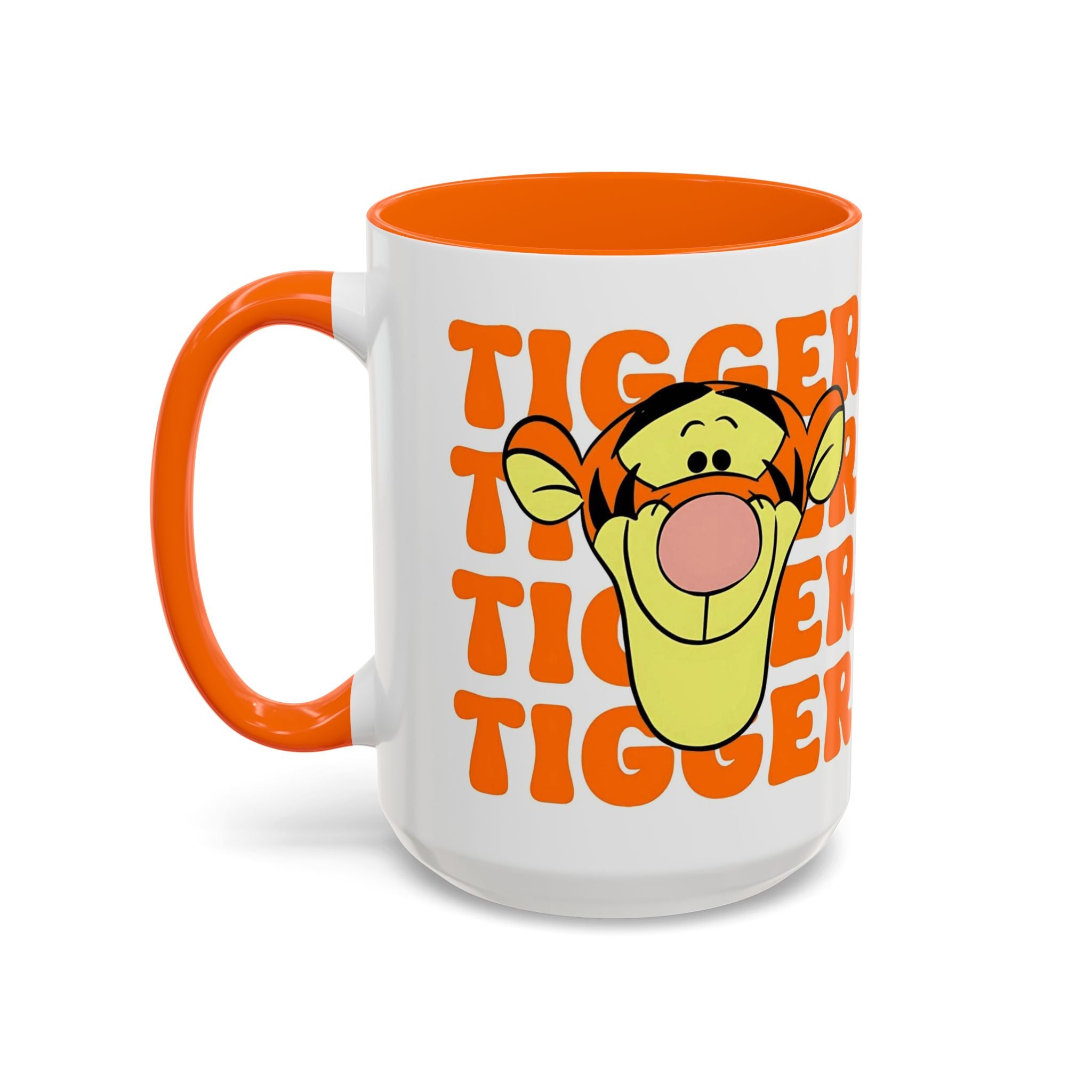 Tigger Coffee Mug — Cute Tigger Face with Retro Orange Text (11/15oz Accent Mug)