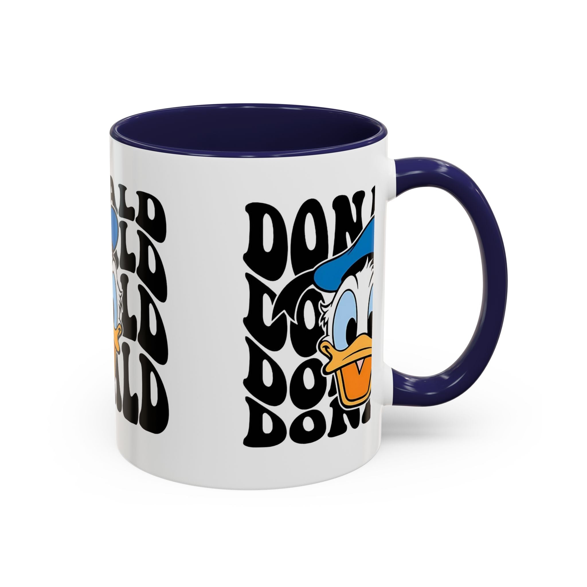 Donald Duck Accent Coffee Mug — Retro Character Face & Repeating "Donald" Text, 11/15oz