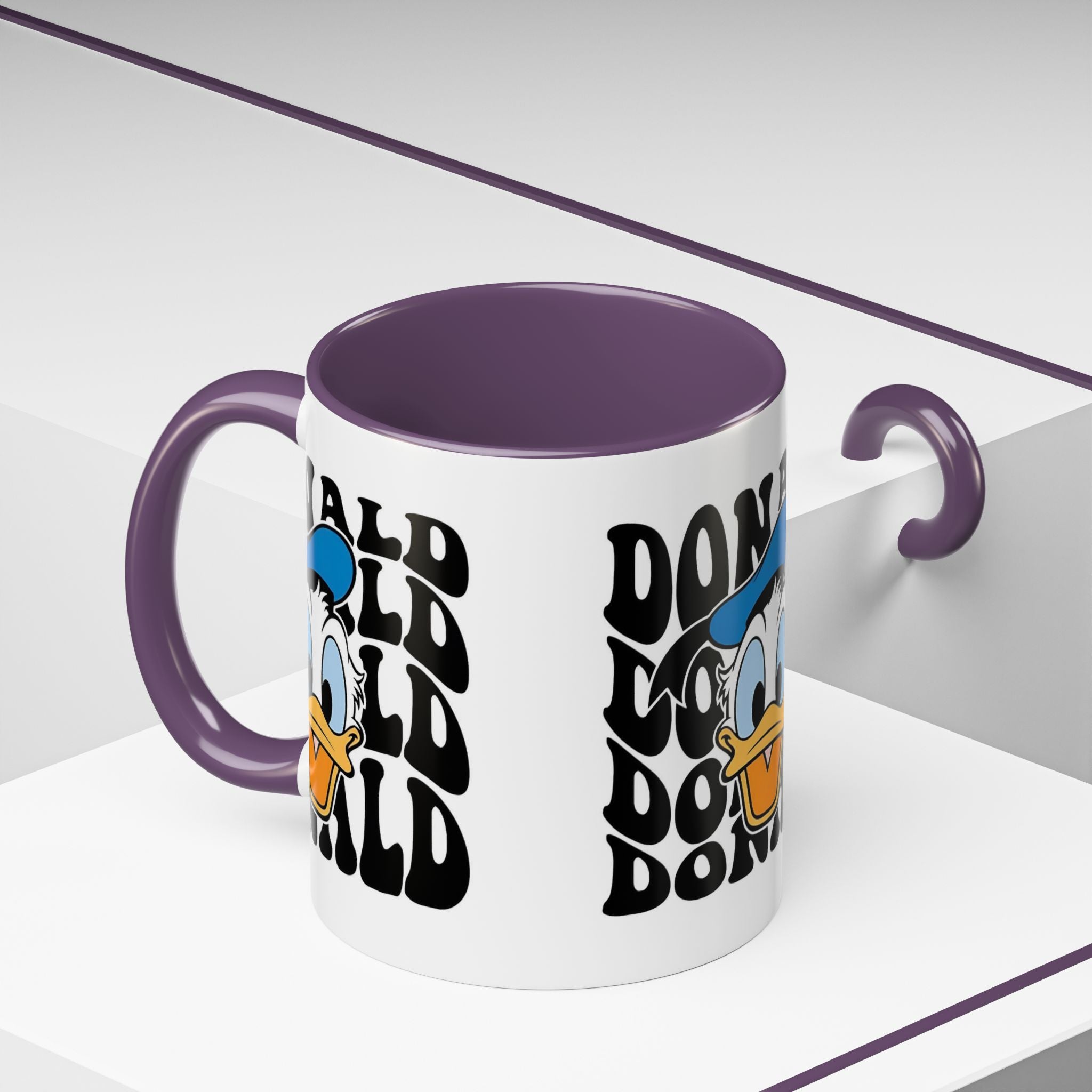Donald Duck Accent Coffee Mug — Retro Character Face & Repeating "Donald" Text, 11/15oz