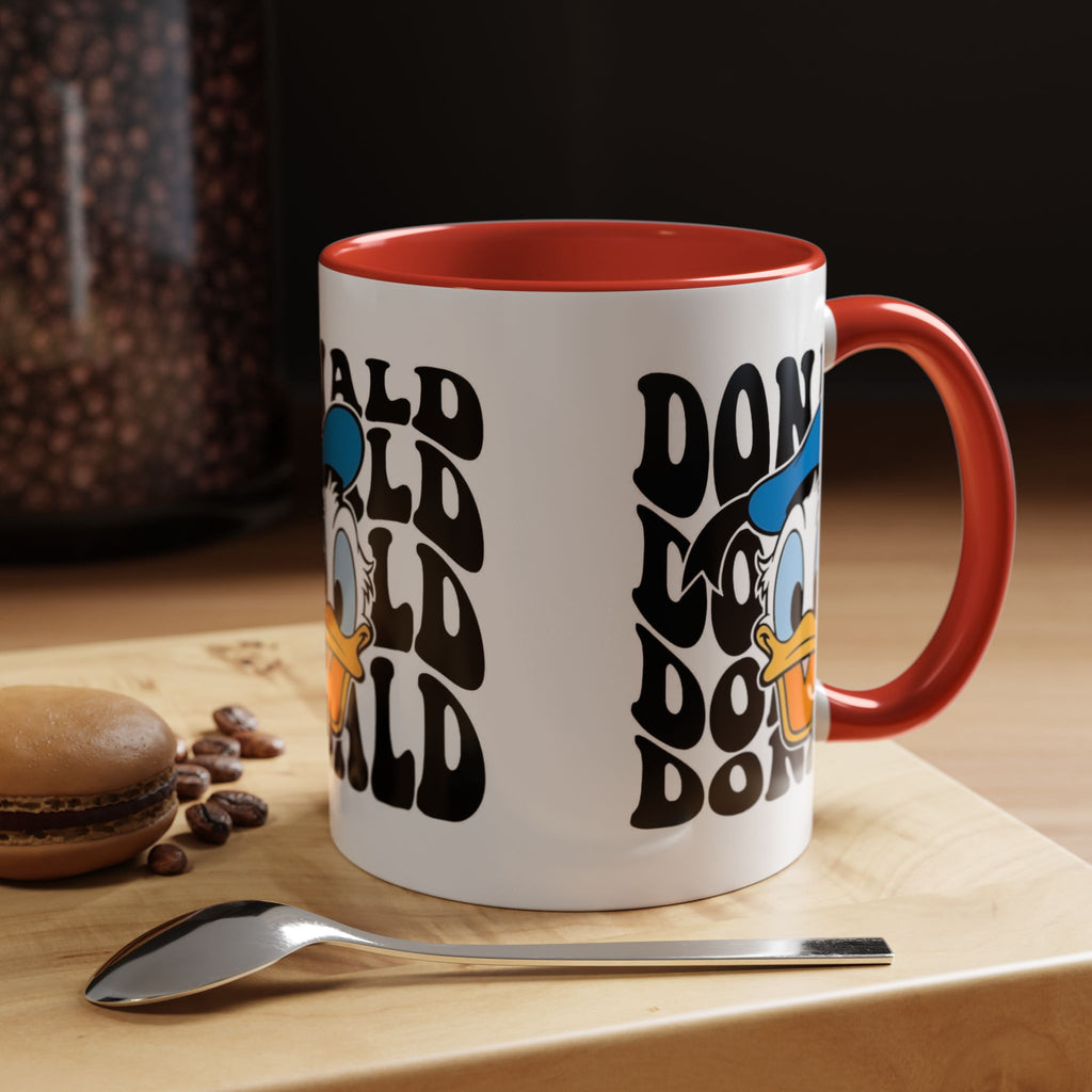 Donald Duck Accent Coffee Mug — Retro Character Face & Repeating "Donald" Text, 11/15oz