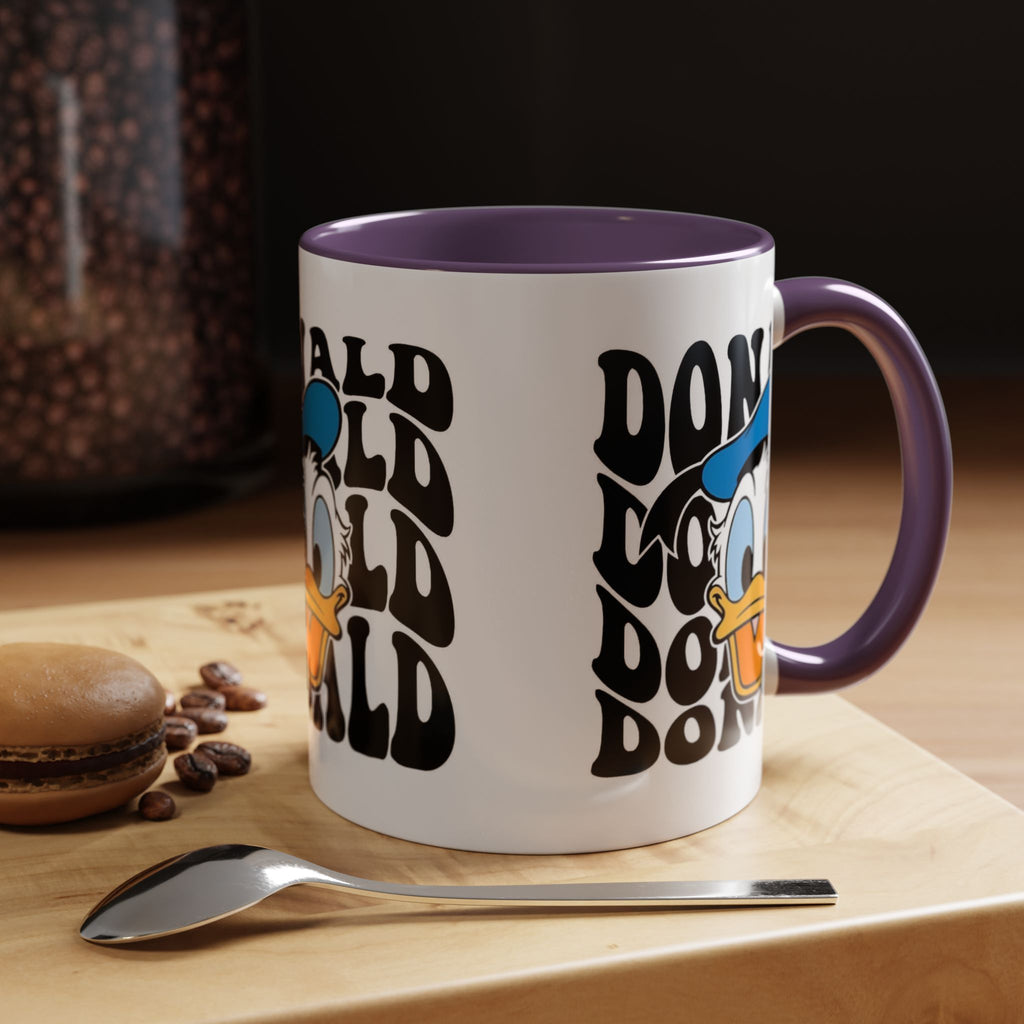 Donald Duck Accent Coffee Mug — Retro Character Face & Repeating "Donald" Text, 11/15oz