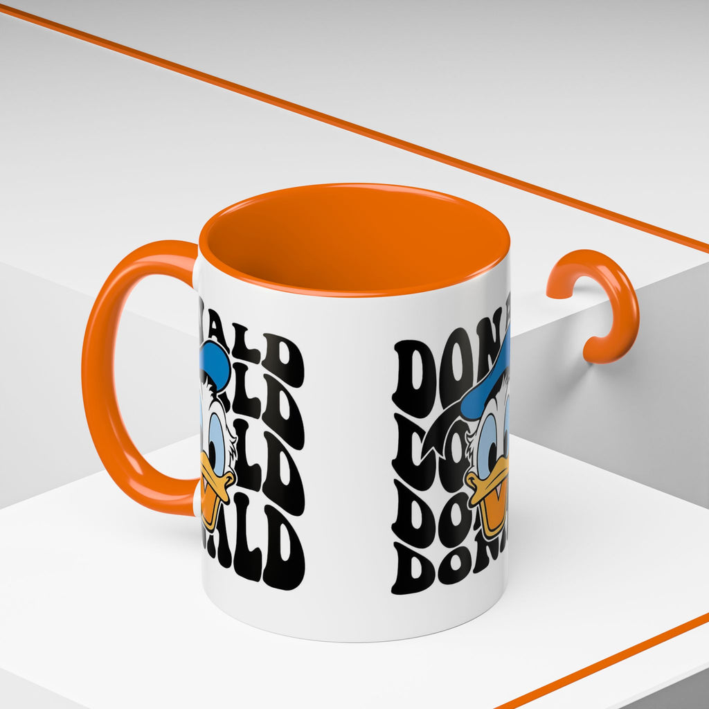 Donald Duck Accent Coffee Mug — Retro Character Face & Repeating "Donald" Text, 11/15oz