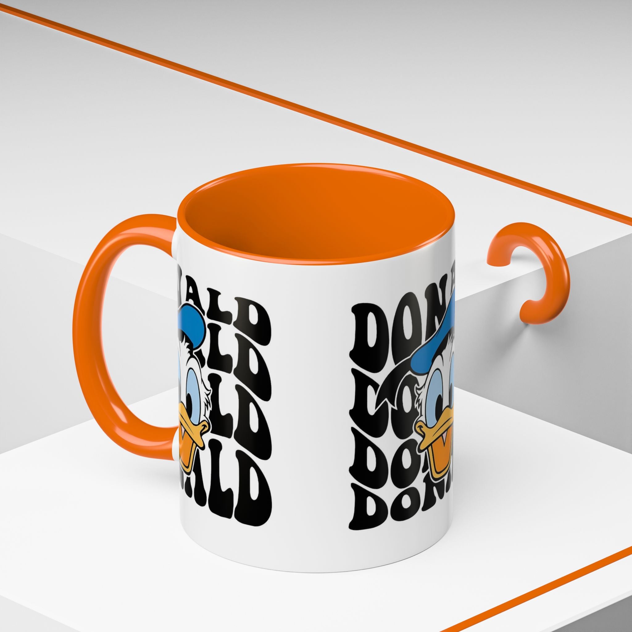Donald Duck Accent Coffee Mug — Retro Character Face & Repeating "Donald" Text, 11/15oz