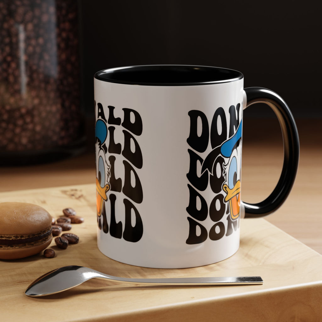 Donald Duck Accent Coffee Mug — Retro Character Face & Repeating "Donald" Text, 11/15oz