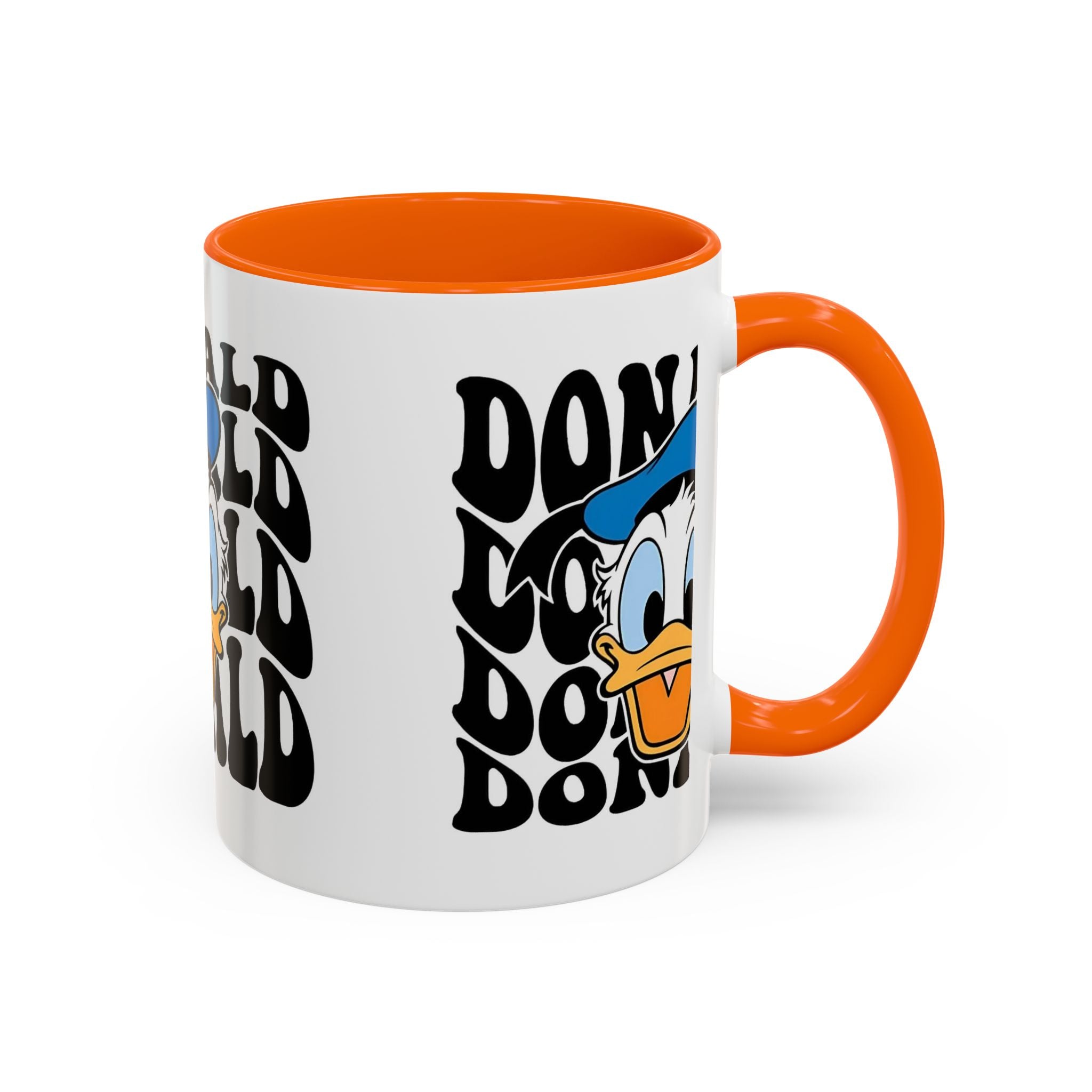 Donald Duck Accent Coffee Mug — Retro Character Face & Repeating "Donald" Text, 11/15oz