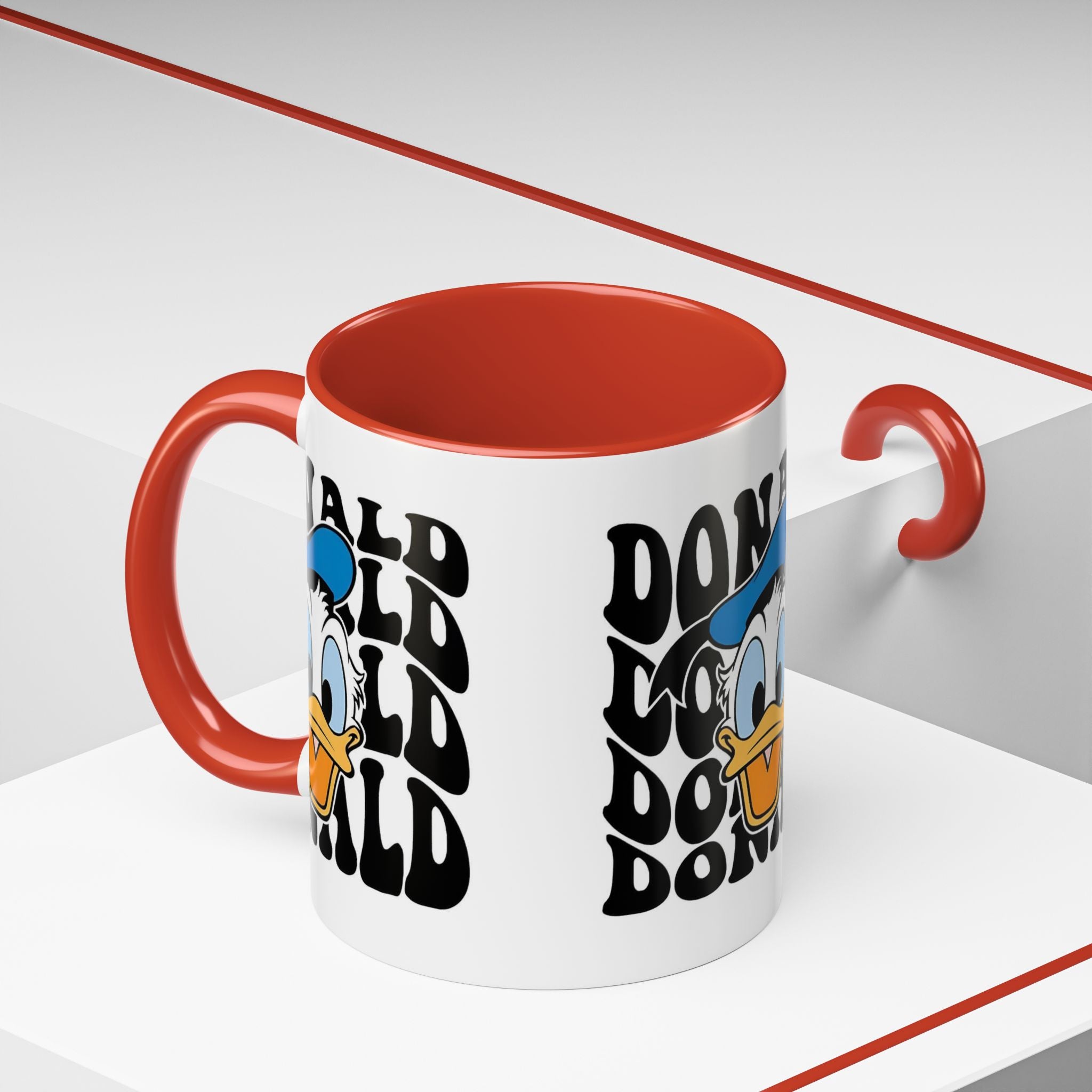 Donald Duck Accent Coffee Mug — Retro Character Face & Repeating "Donald" Text, 11/15oz