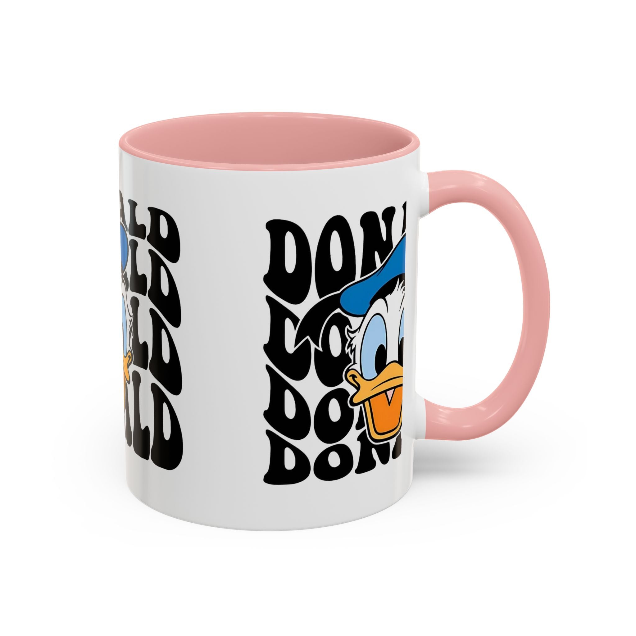 Donald Duck Accent Coffee Mug — Retro Character Face & Repeating "Donald" Text, 11/15oz