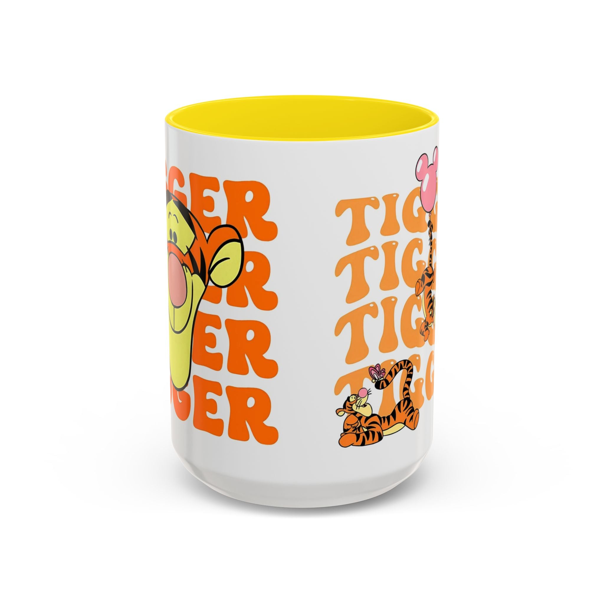 Tigger Coffee Mug — Cute Tigger Face with Retro Orange Text (11/15oz Accent Mug)