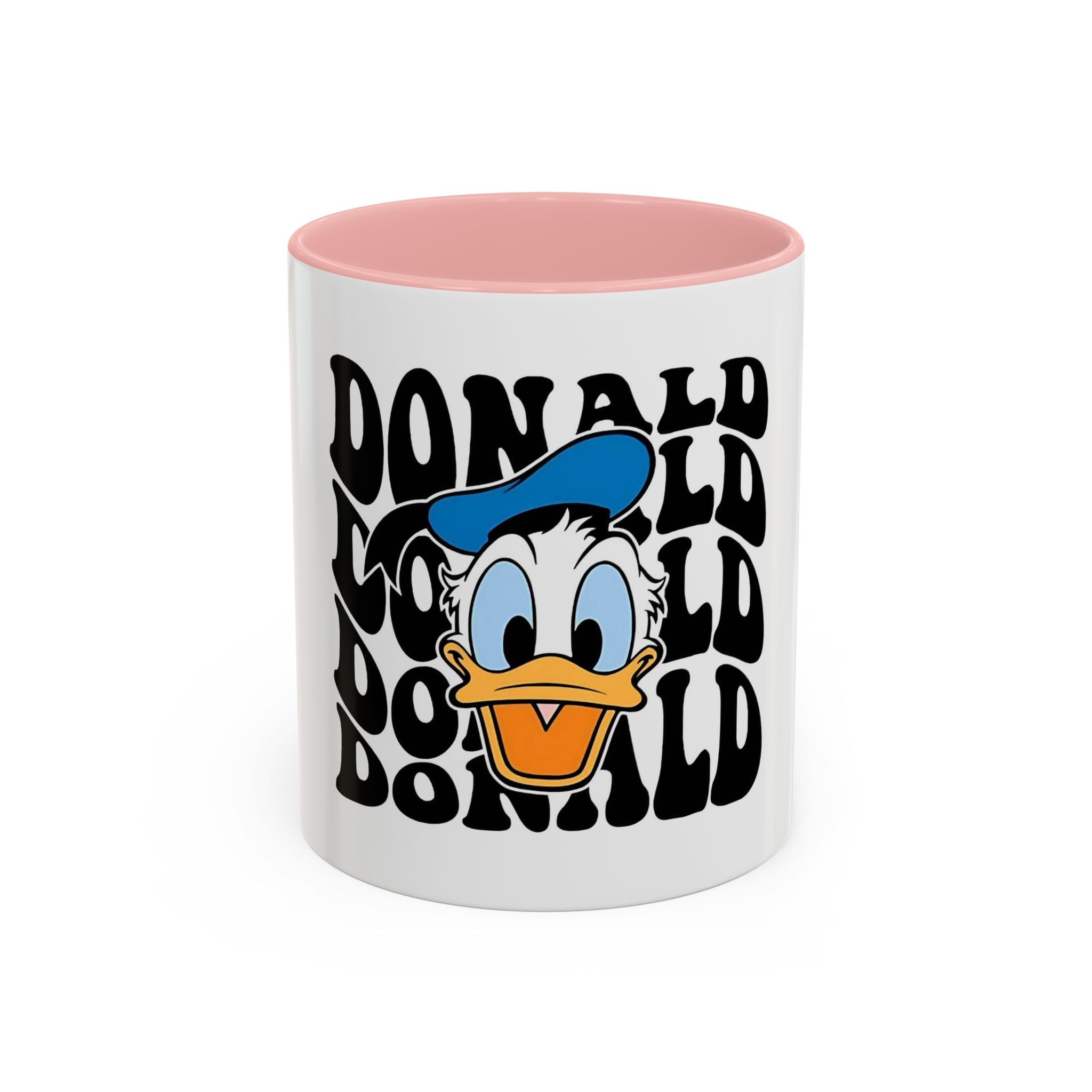 Donald Duck Accent Coffee Mug — Retro Character Face & Repeating "Donald" Text, 11/15oz